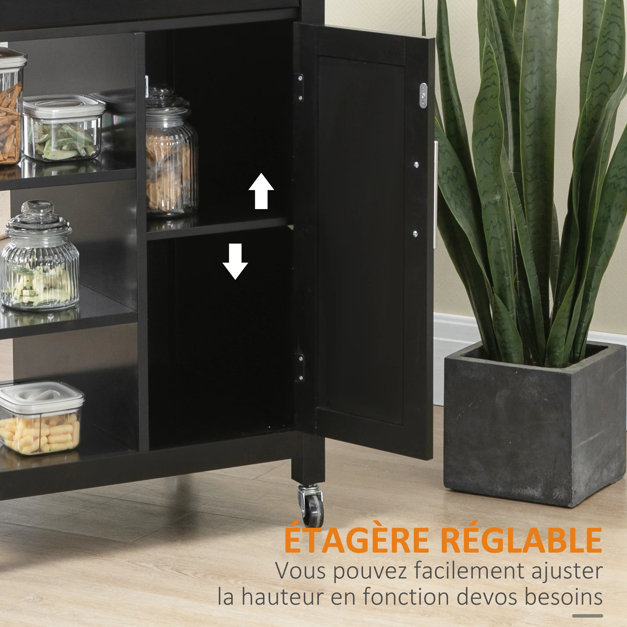 Desserte de Cuisine à roulettes Chariot de Service Style Contemporain - Porte, tiroir, 3 étagères - poignées métal Plateau Bois hévéa Noir - Image 7