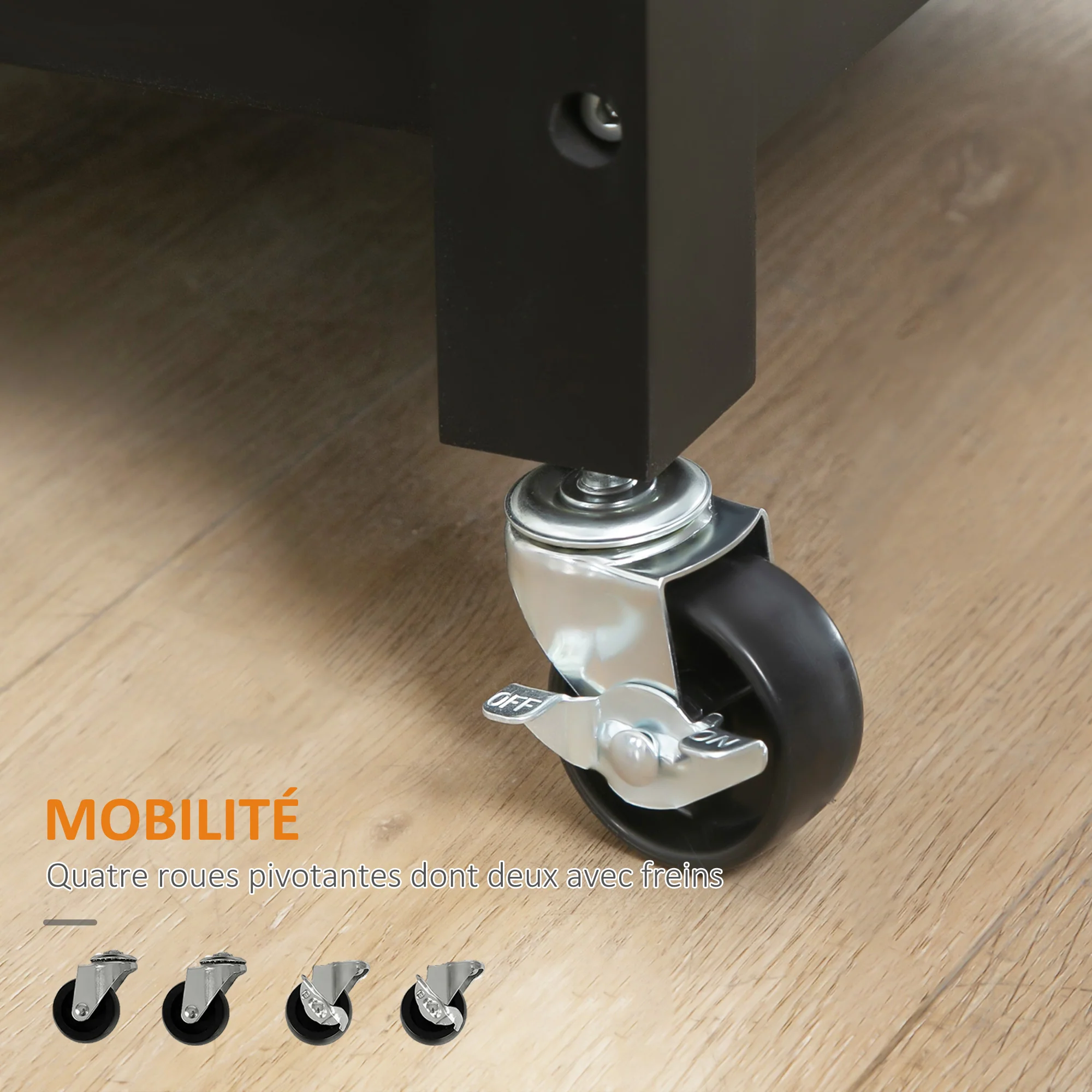 Desserte de Cuisine à roulettes Chariot de Service Style Contemporain - Porte, tiroir, 3 étagères - poignées métal Plateau Bois hévéa Noir - Image 8