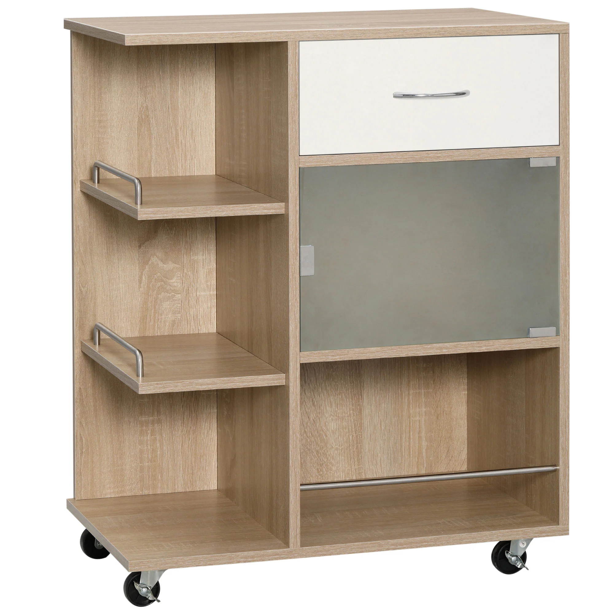 Desserte de cuisine, chariot de service, roues pivotantes 360°, étagères avec barrières, ?lot central cuisine, avec tiroir, étagères, placard, 65 x 39 x 80 cm, naturel - Image 11
