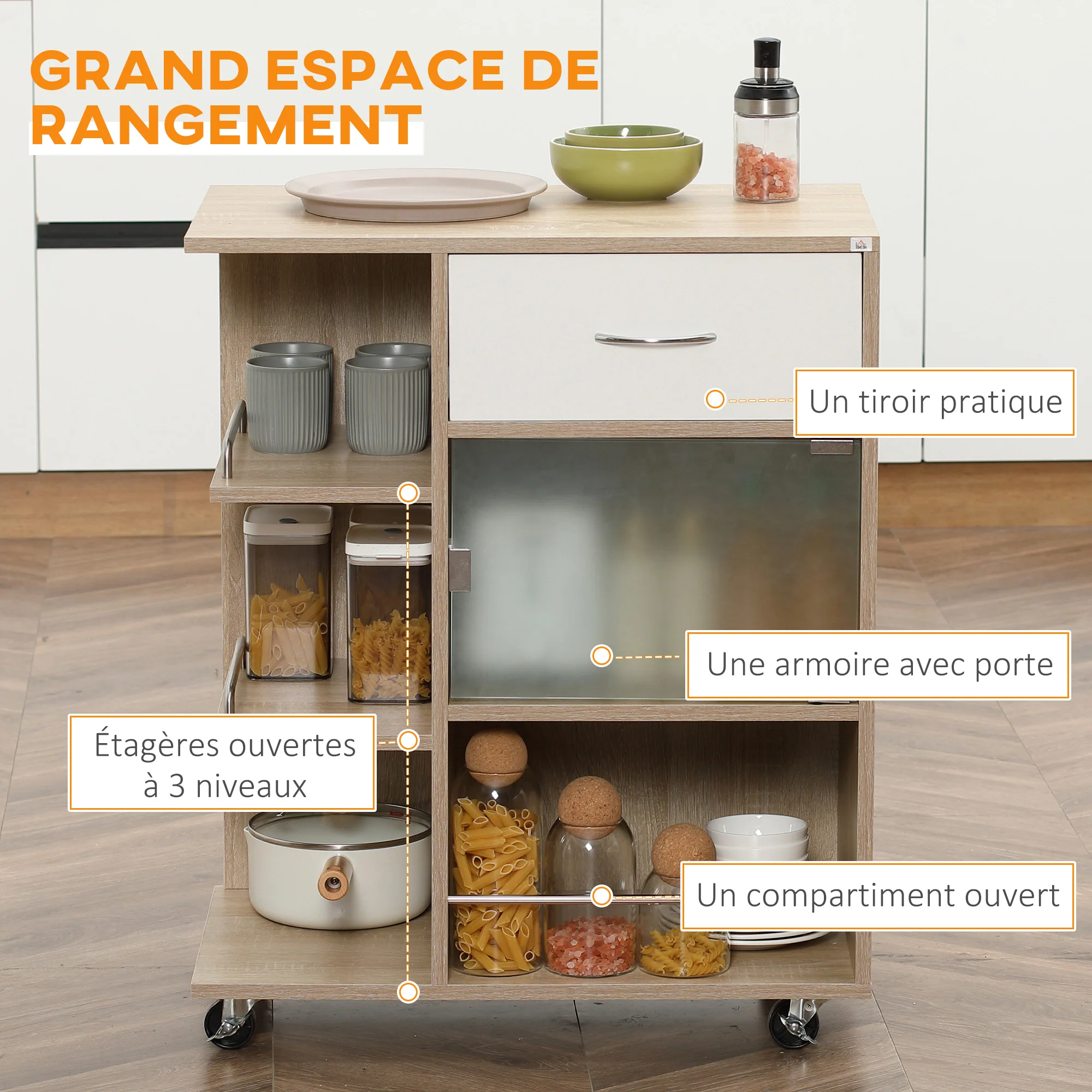Desserte de cuisine, chariot de service, roues pivotantes 360°, étagères avec barrières, ?lot central cuisine, avec tiroir, étagères, placard, 65 x 39 x 80 cm, naturel - Image 5
