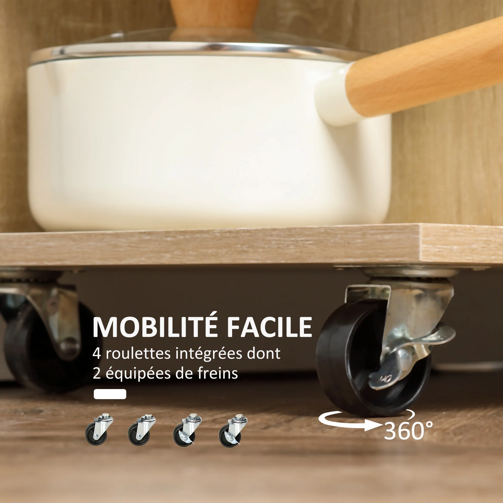 Desserte de cuisine, chariot de service, roues pivotantes 360°, étagères avec barrières, ?lot central cuisine, avec tiroir, étagères, placard, 65 x 39 x 80 cm, naturel - Image 6