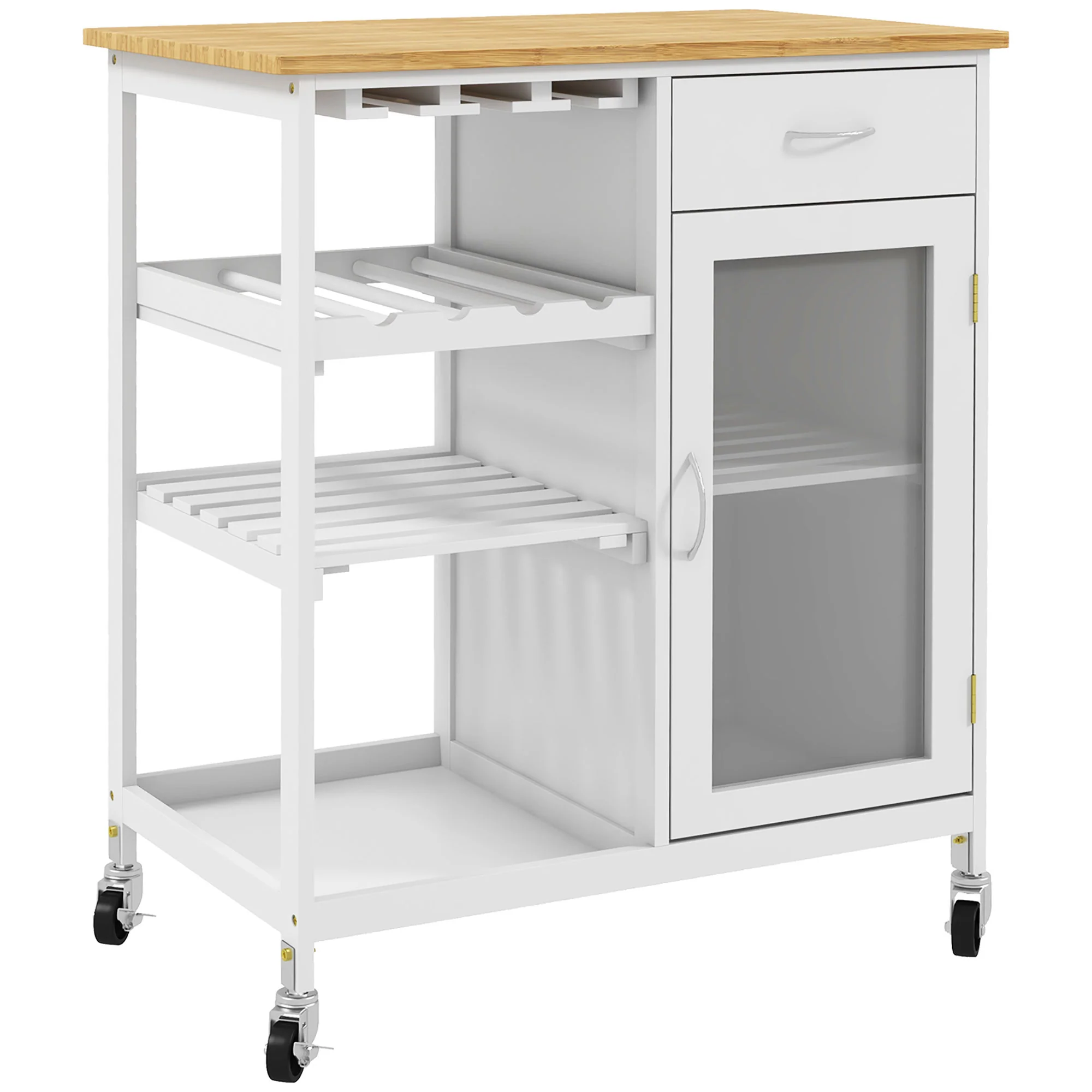 Desserte de Cuisine Chariot deservice à roulettes Multi-Rangement avec casier à vin, tiroir, Porte, étagères Blanc - Image 11