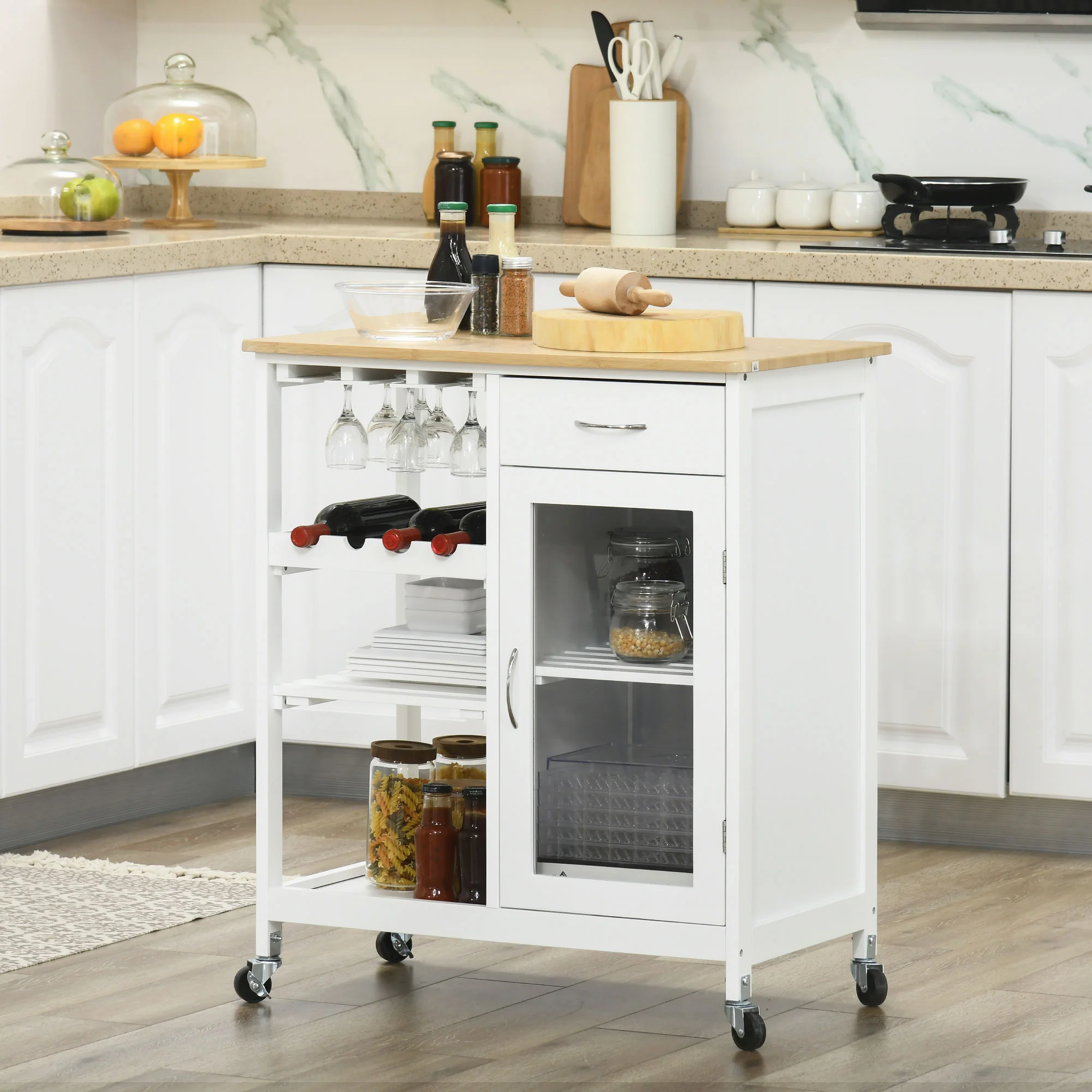 Desserte de Cuisine Chariot deservice à roulettes Multi-Rangement avec casier à vin, tiroir, Porte, étagères Blanc - Image 3