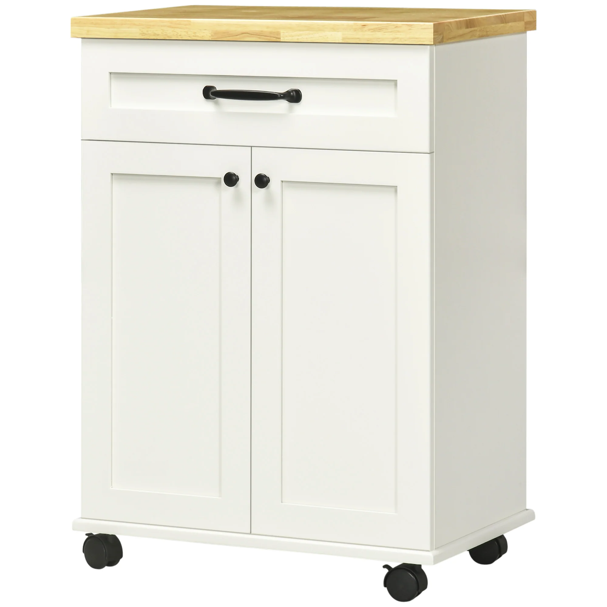 Desserte de cuisine desserte à roulettes chariot de cuisine multi-rangements 1 tiroir 1 placard 1 portes-torchons - blanc et plateau en bois