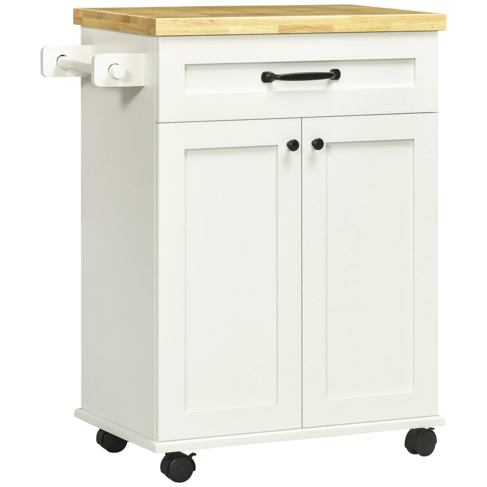 Desserte de cuisine desserte à roulettes chariot de cuisine multi-rangements 1 tiroir 1 placard 1 portes-torchons - blanc et plateau en bois - Image 2