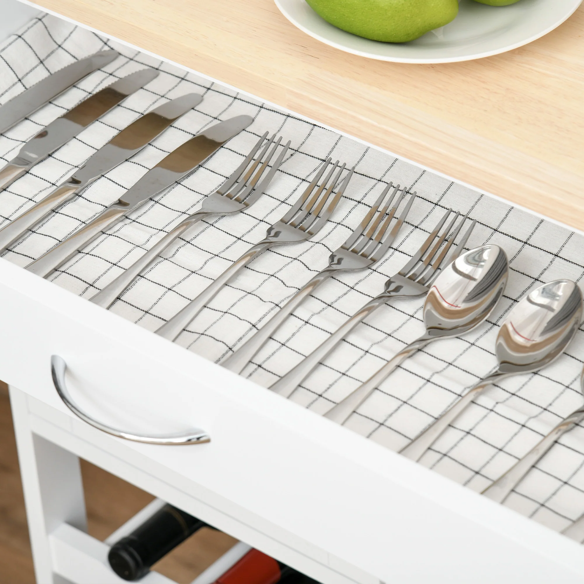 Desserte de cuisine multi rangements 2 placards tiroir casier 9 bouteilles MDF blanc plateau bois caoutchouc - Image 10