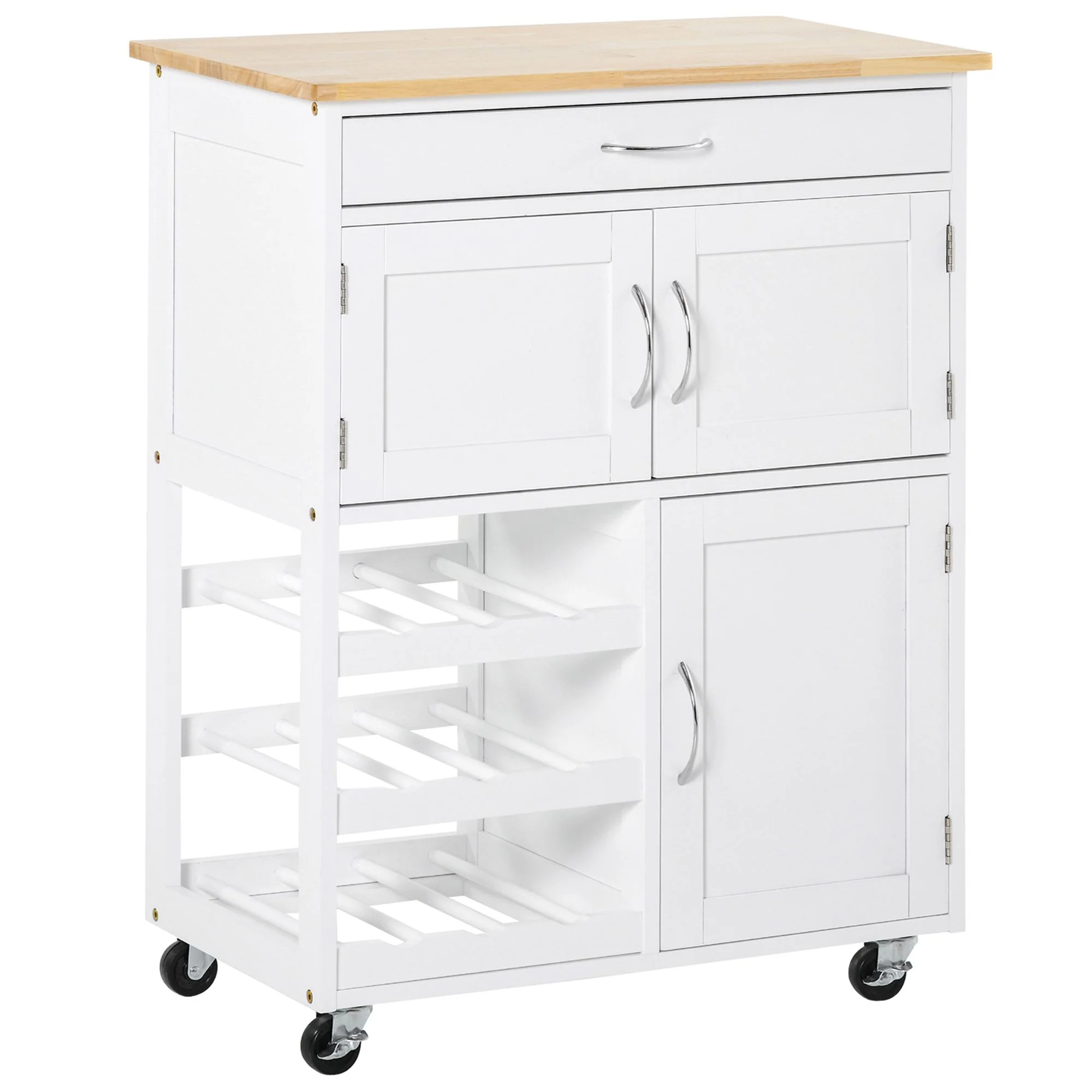 Desserte de cuisine multi rangements 2 placards tiroir casier 9 bouteilles MDF blanc plateau bois caoutchouc - Image 11
