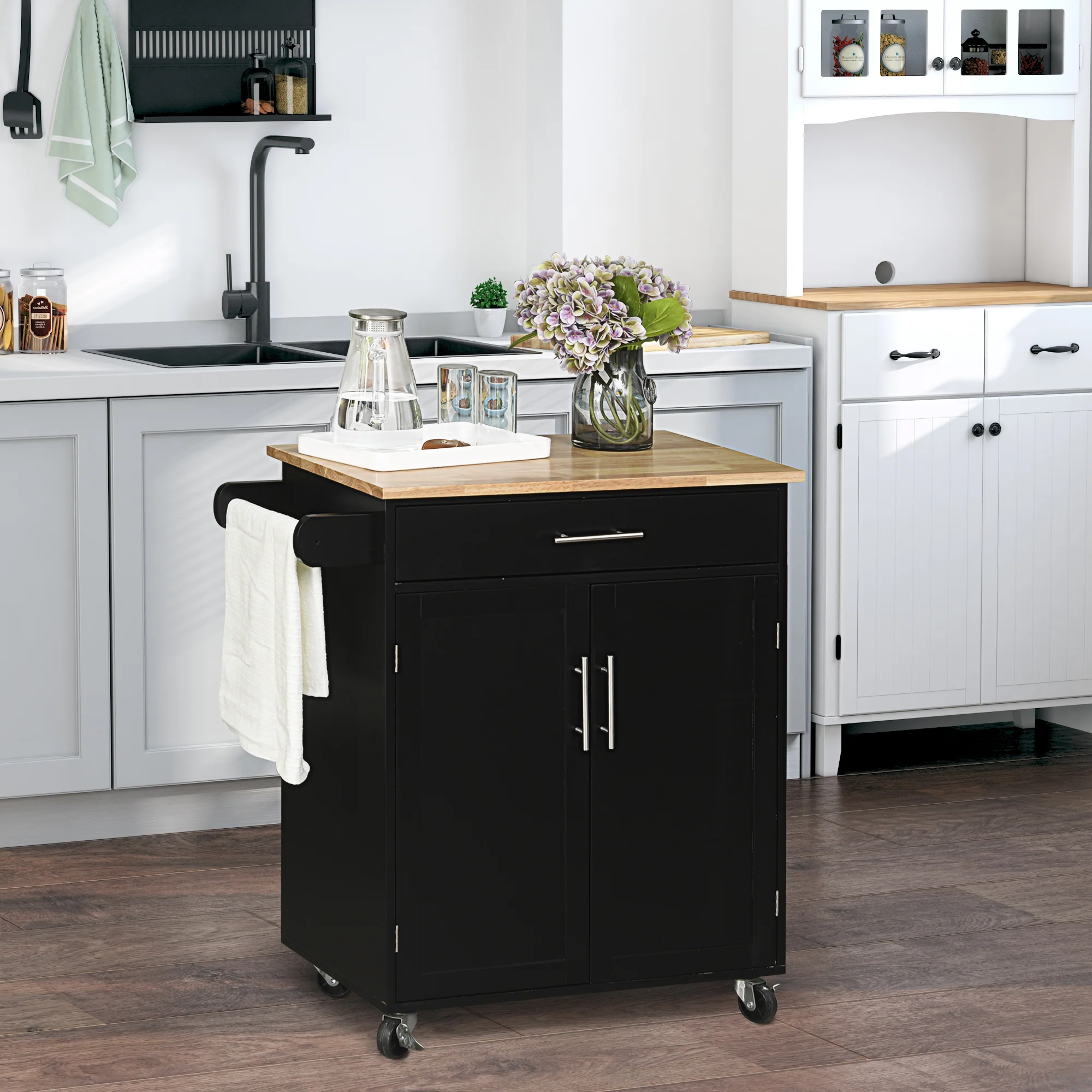 Desserte de cuisine sur roulettes chariot de service Ilot de cuisine avec tiroir de placard et porte-torchons - 83l x 45P x 91,5H cm noir - Image 3