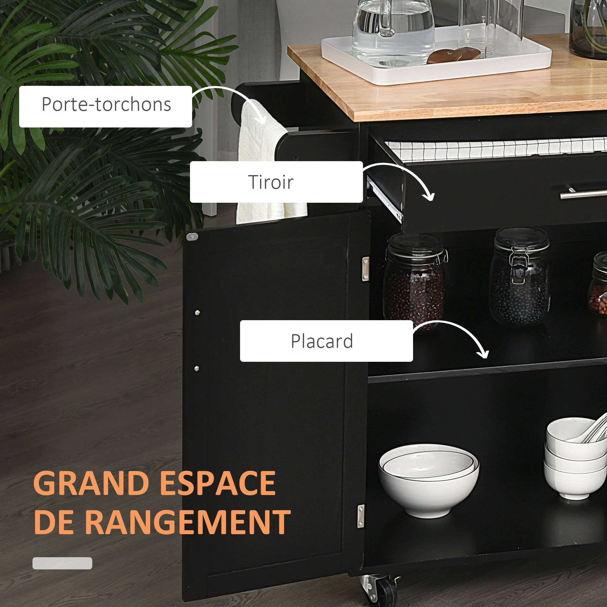 Desserte de cuisine sur roulettes chariot de service Ilot de cuisine avec tiroir de placard et porte-torchons - 83l x 45P x 91,5H cm noir - Image 5