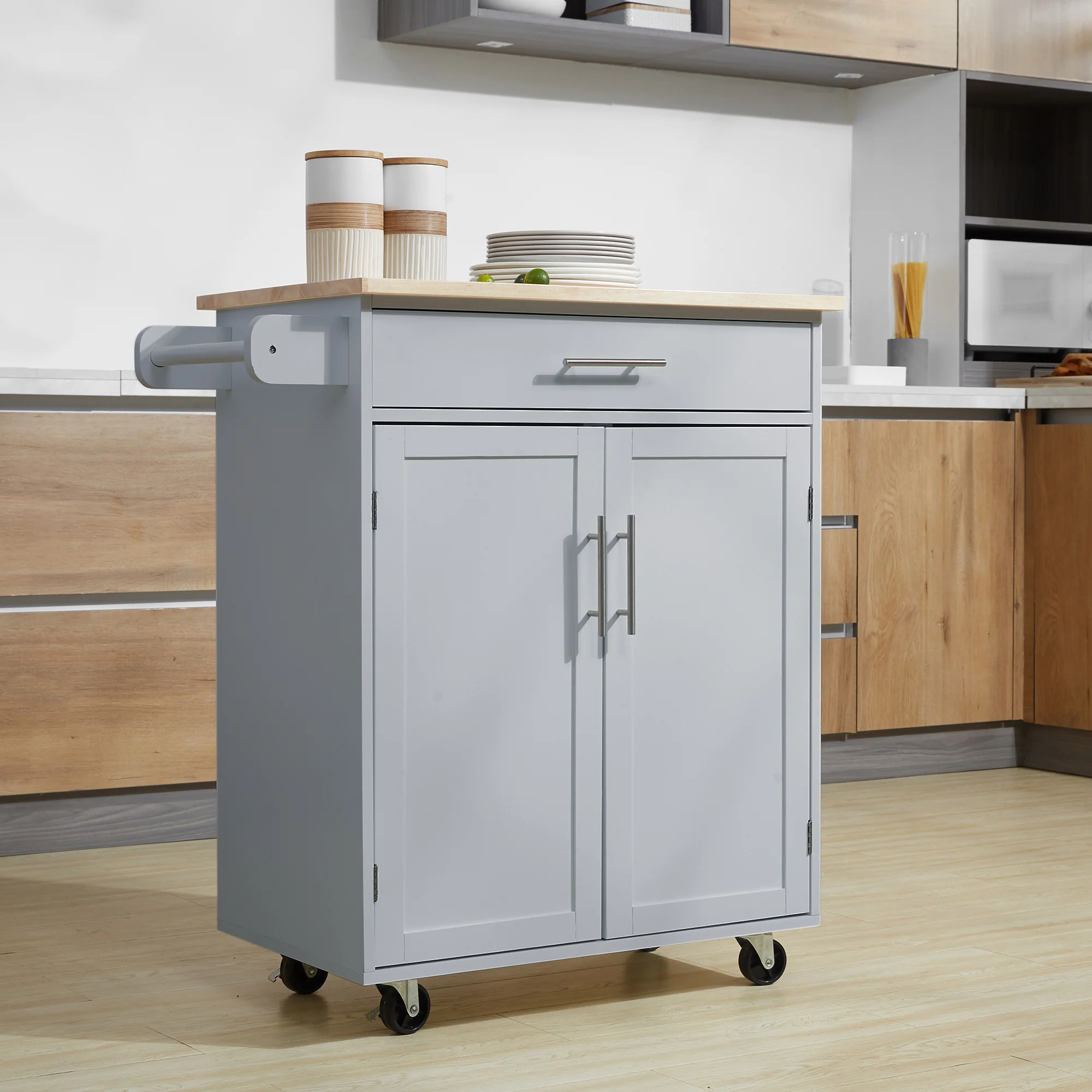 Desserte de cuisine sur roulettes chariot de service Ilot de cuisine avec tiroir de placard et porte-torchons - 83l x 45P x 91,5H cm gris - Image 3