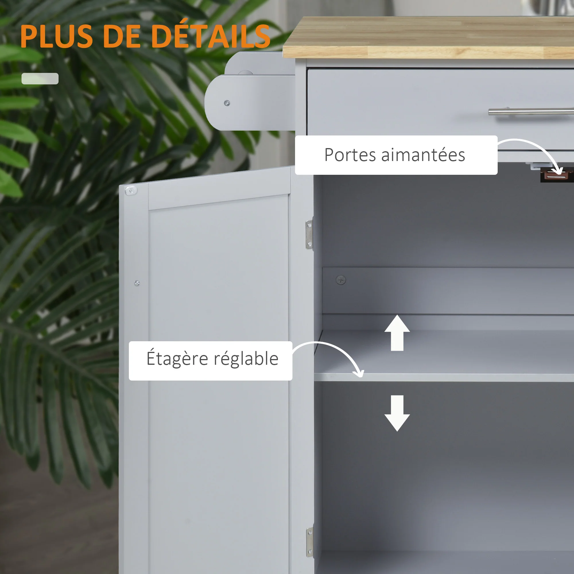 Desserte de cuisine sur roulettes chariot de service Ilot de cuisine avec tiroir de placard et porte-torchons - 83l x 45P x 91,5H cm gris - Image 8