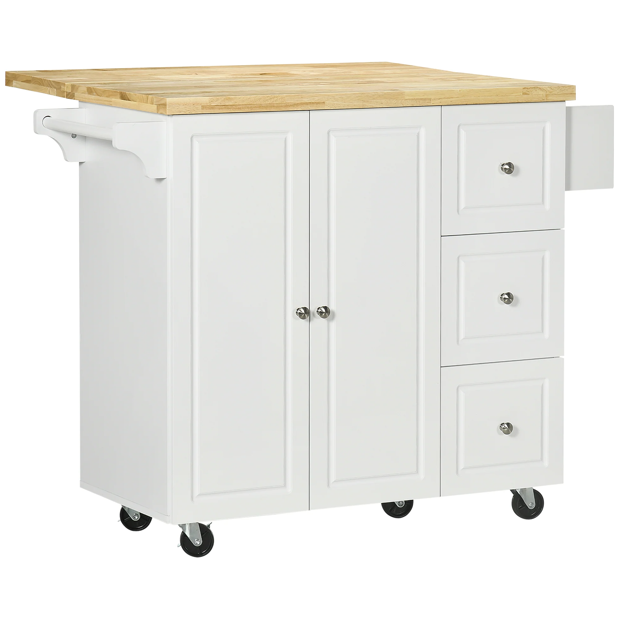 Desserte de cuisine sur roulettes, îlot central cuisine avec plateau en bois d'hévéa, 3 tiroirs, 1 placard, 2 portes, porte-torchons et porte-épices, 111,5 x 45-75 x 89 cm, blanc