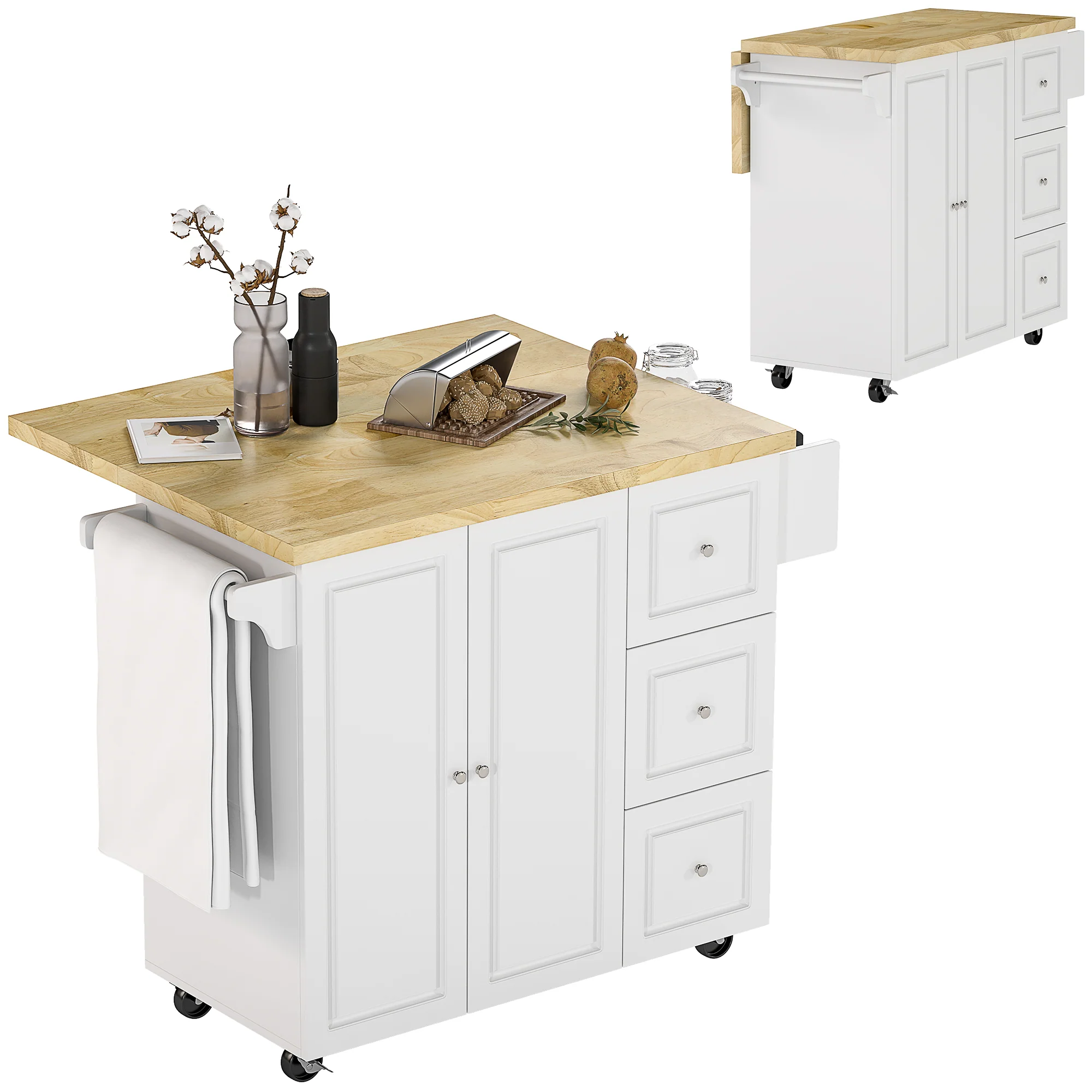 Desserte de cuisine sur roulettes, îlot central cuisine avec plateau en bois d'hévéa, 3 tiroirs, 1 placard, 2 portes, porte-torchons et porte-épices, 111,5 x 45-75 x 89 cm, blanc - Image 11