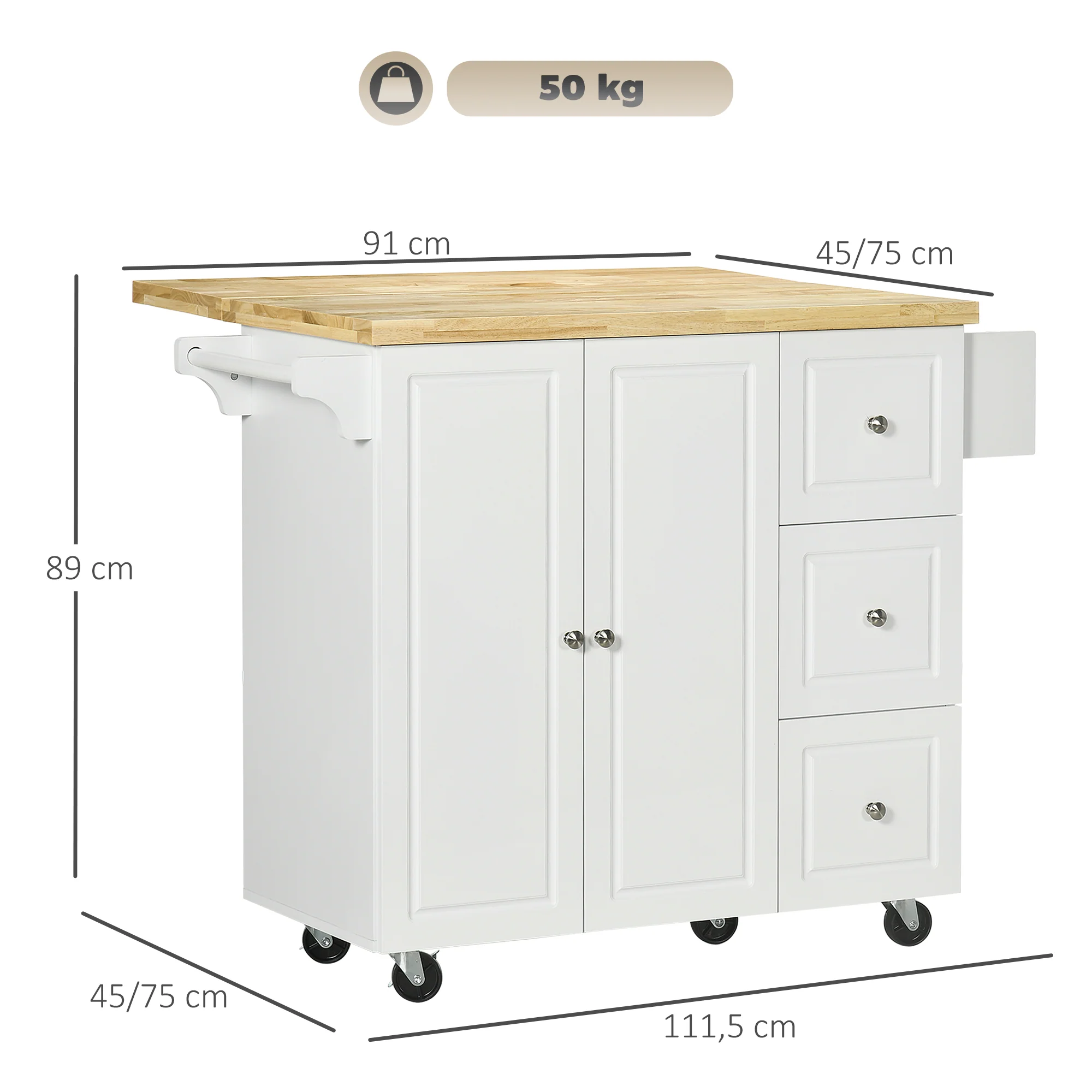 Desserte de cuisine sur roulettes, îlot central cuisine avec plateau en bois d'hévéa, 3 tiroirs, 1 placard, 2 portes, porte-torchons et porte-épices, 111,5 x 45-75 x 89 cm, blanc - Image 4
