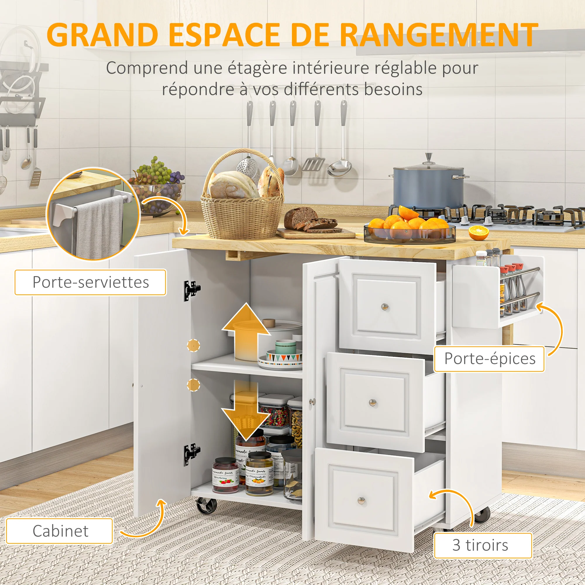 Desserte de cuisine sur roulettes, îlot central cuisine avec plateau en bois d'hévéa, 3 tiroirs, 1 placard, 2 portes, porte-torchons et porte-épices, 111,5 x 45-75 x 89 cm, blanc - Image 6
