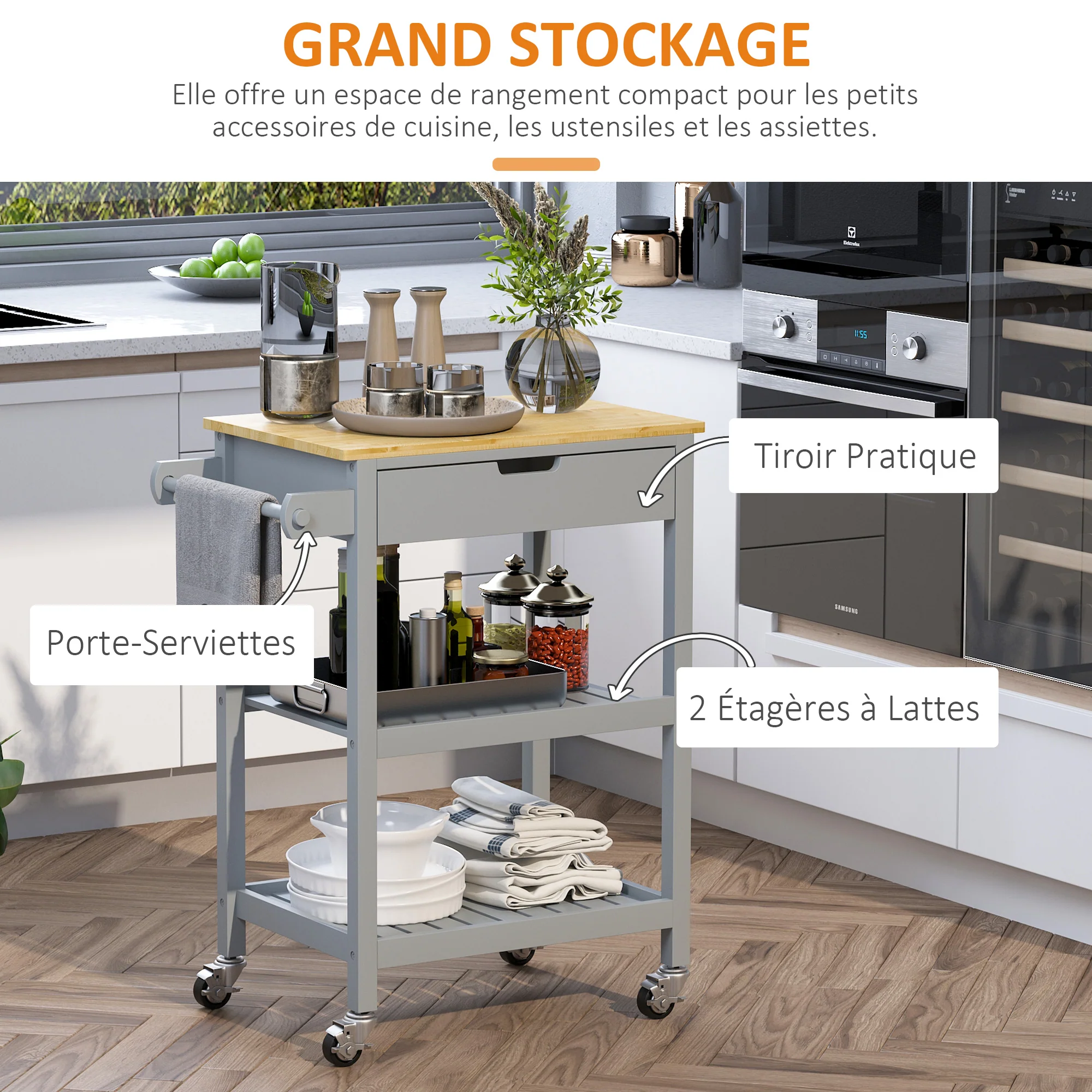 Desserte de service chariot de cuisine à roulettes avec plan de travail en bois hévéa - 2 étagères, 1 tiroir et 1 porte-torchon - Image 5