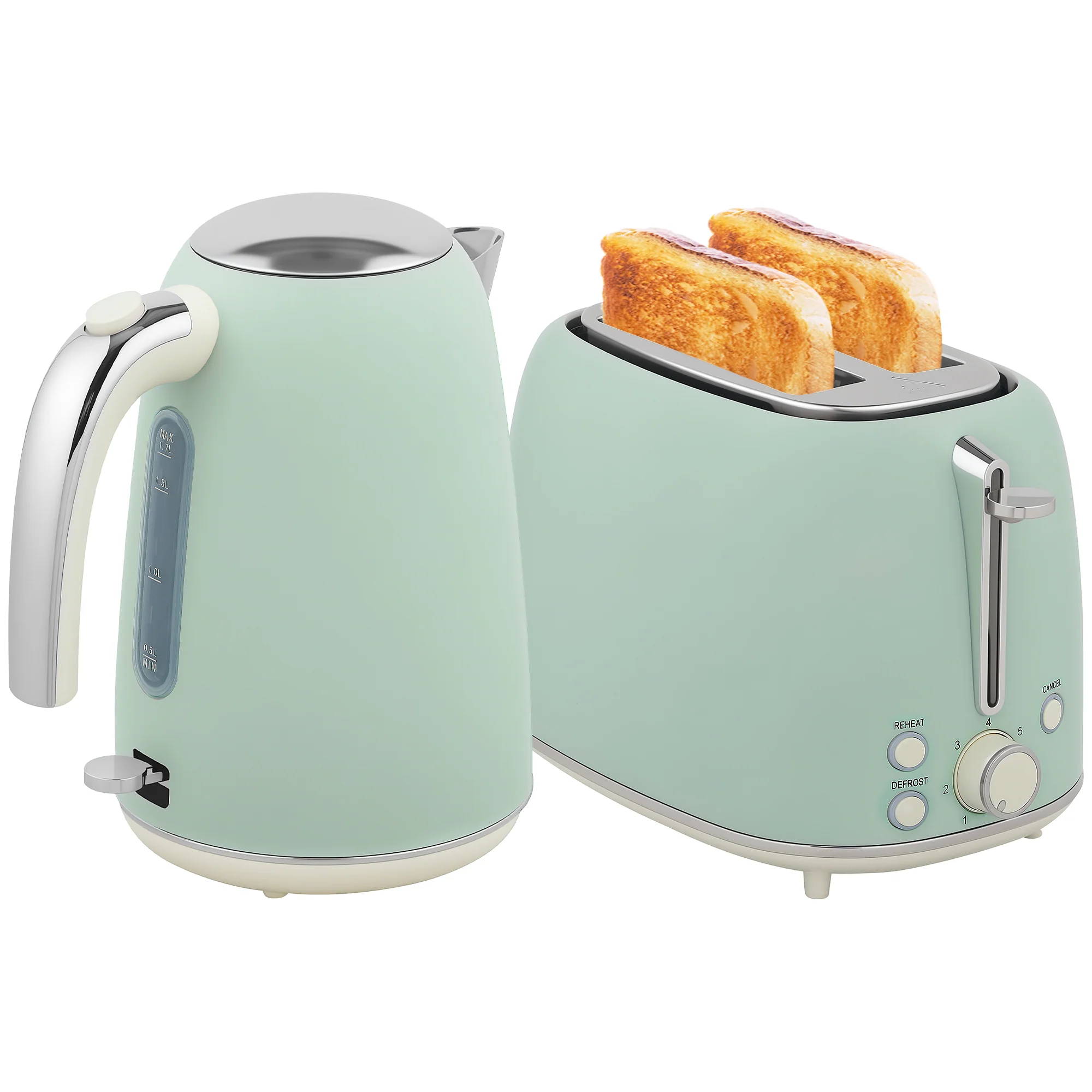 Ensemble bouilloire et grille-pain en inox 2200 W et 1,7 L, grille-pain 2 tranches, 7 niveaux de brunissage, chauffage rapide, thermostat Strix, filtre anticalcaire et plateau à miettes, vert - Image 11