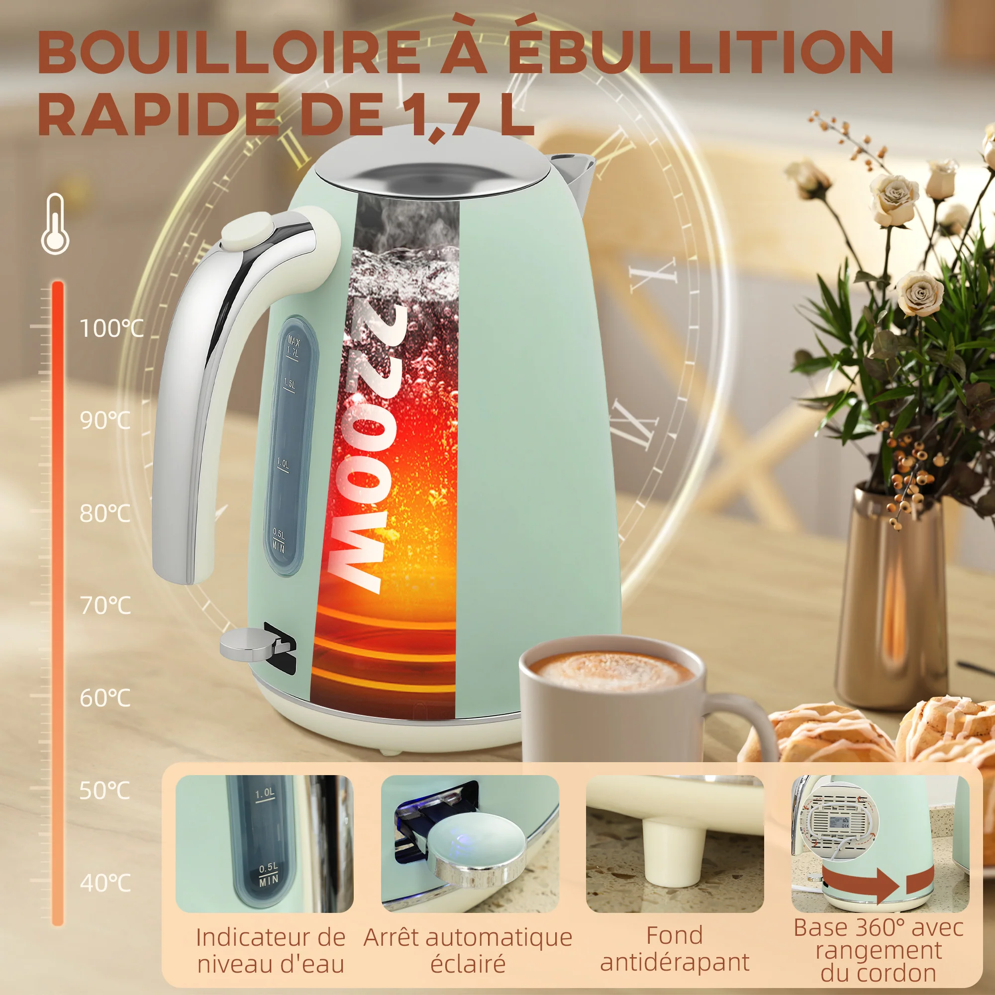 Ensemble bouilloire et grille-pain en inox 2200 W et 1,7 L, grille-pain 2 tranches, 7 niveaux de brunissage, chauffage rapide, thermostat Strix, filtre anticalcaire et plateau à miettes, vert - Image 5