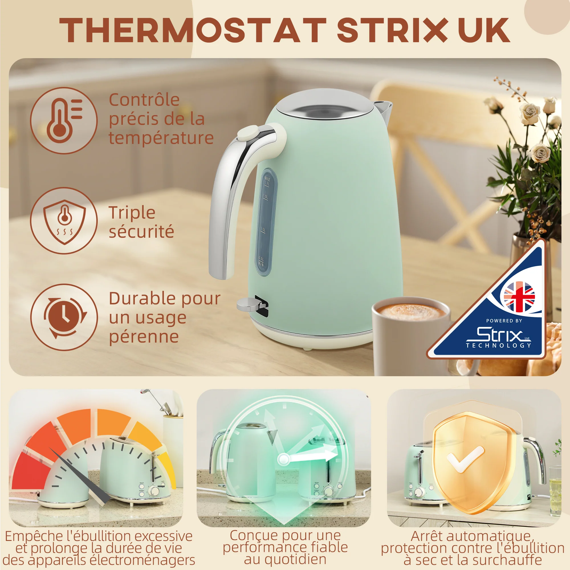 Ensemble bouilloire et grille-pain en inox 2200 W et 1,7 L, grille-pain 2 tranches, 7 niveaux de brunissage, chauffage rapide, thermostat Strix, filtre anticalcaire et plateau à miettes, vert - Image 6