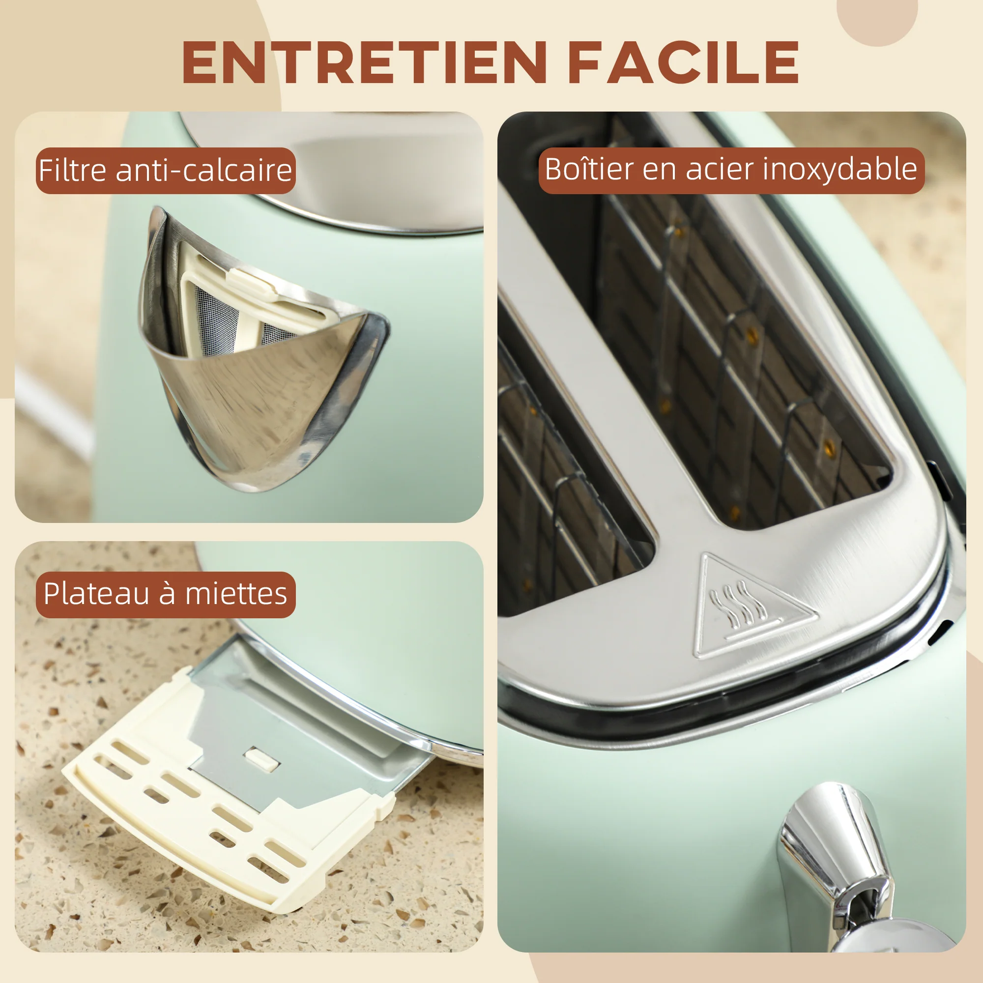 Ensemble bouilloire et grille-pain en inox 2200 W et 1,7 L, grille-pain 2 tranches, 7 niveaux de brunissage, chauffage rapide, thermostat Strix, filtre anticalcaire et plateau à miettes, vert - Image 8