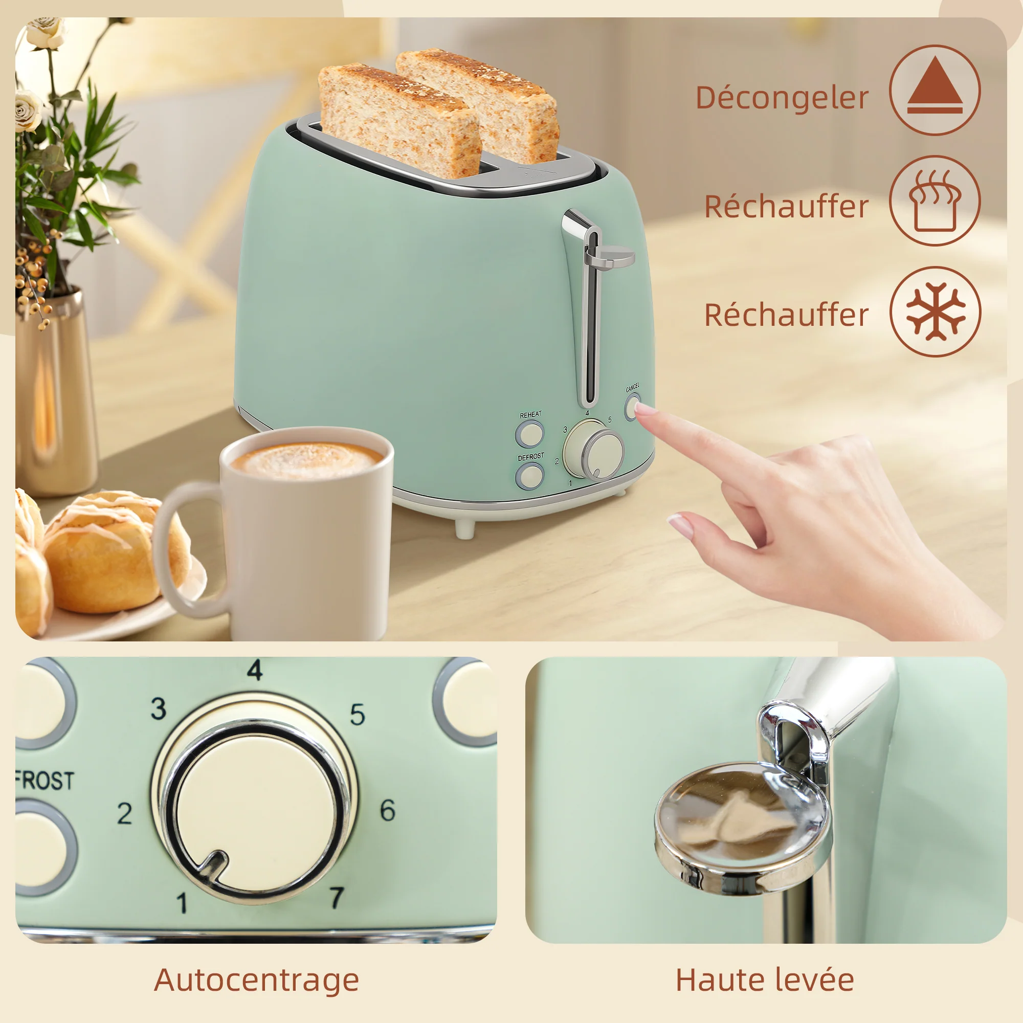 Ensemble bouilloire et grille-pain en inox 2200 W et 1,7 L, grille-pain 2 tranches, 7 niveaux de brunissage, chauffage rapide, thermostat Strix, filtre anticalcaire et plateau à miettes, vert - Image 9