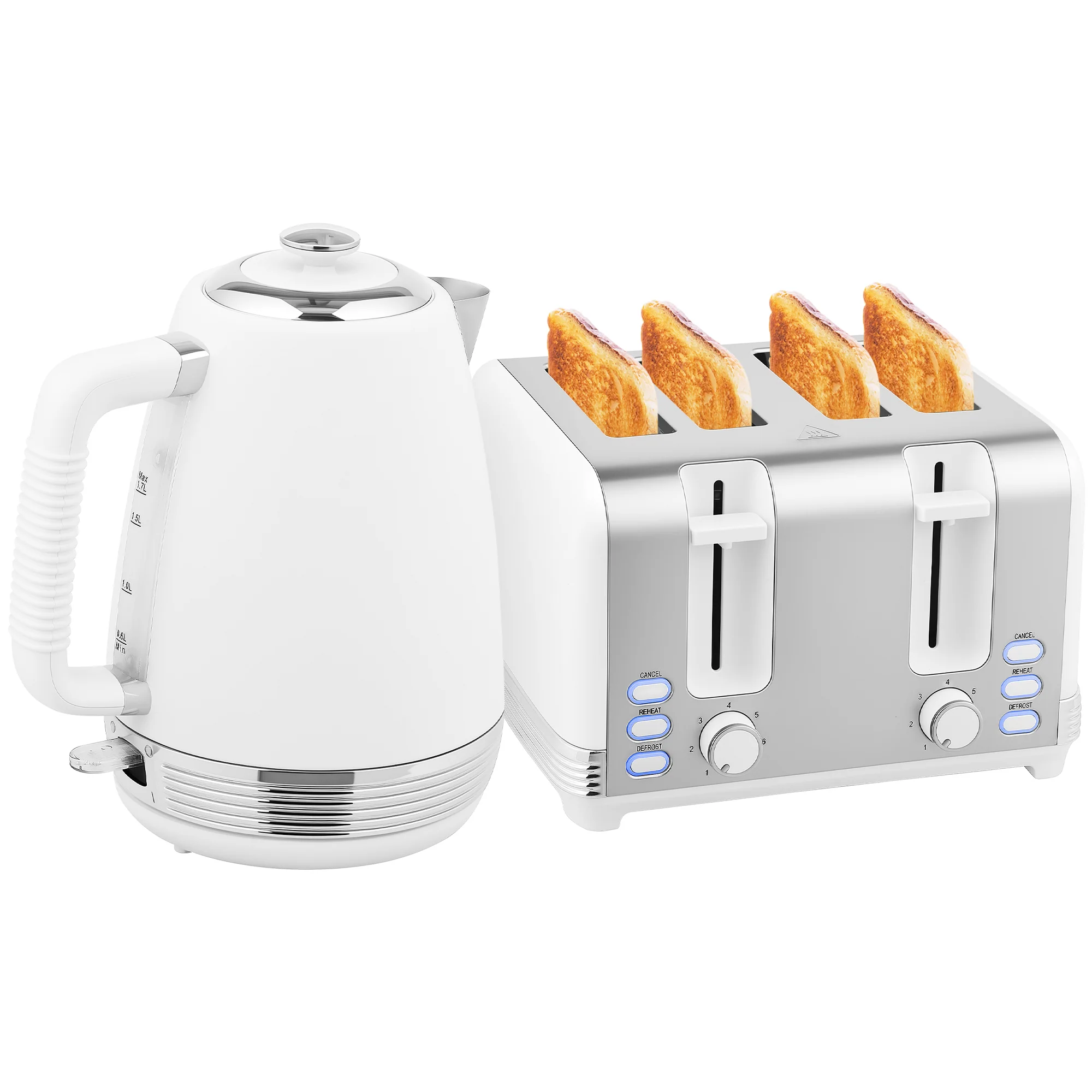 Ensemble bouilloire et grille-pain en inox 2200 W et 1,7 L, grille-pain 4 tranches, 7 niveaux de brunissage, chauffage rapide, thermostat Strix, filtre anticalcaire et plateau à miettes, blanc - Image 11