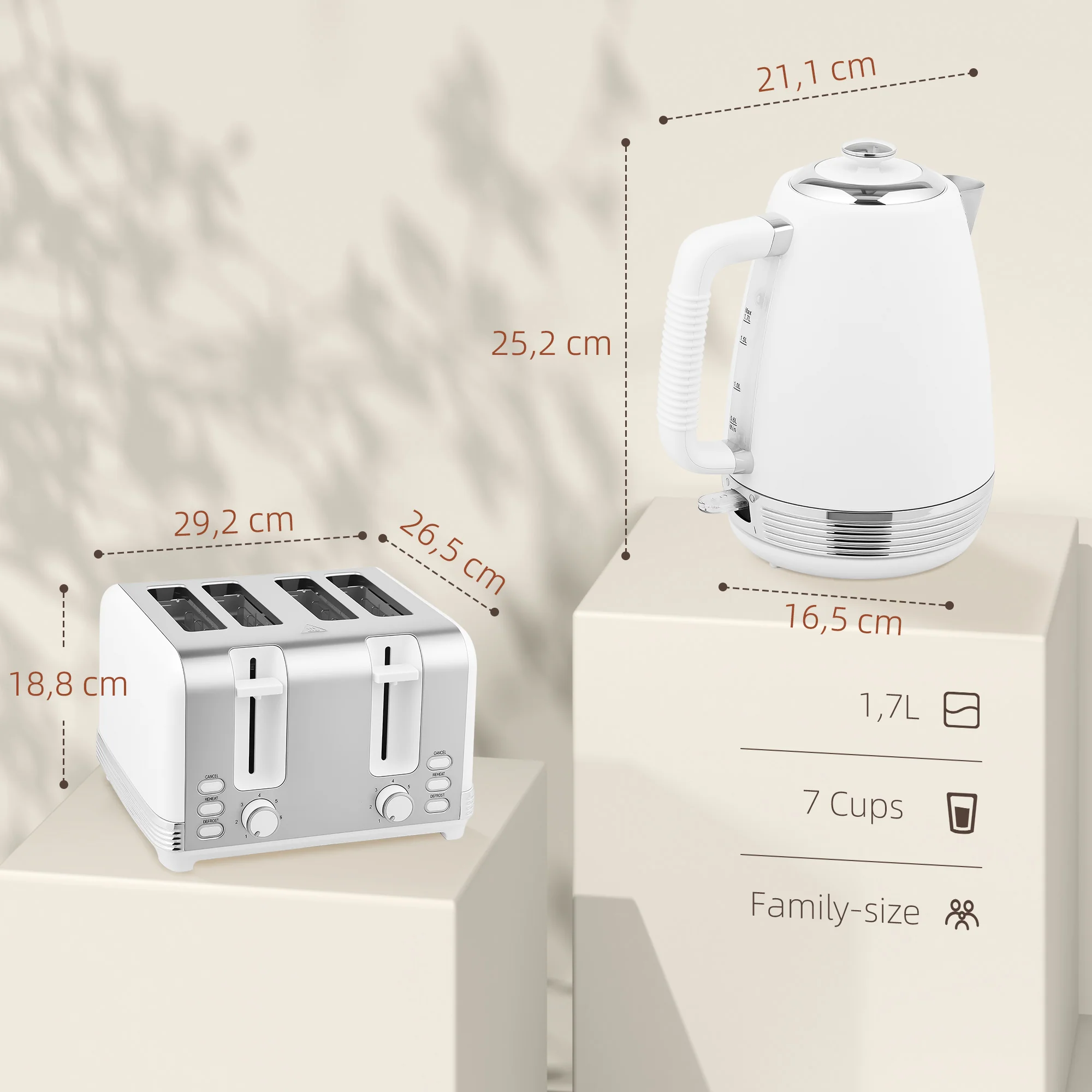 Ensemble bouilloire et grille-pain en inox 2200 W et 1,7 L, grille-pain 4 tranches, 7 niveaux de brunissage, chauffage rapide, thermostat Strix, filtre anticalcaire et plateau à miettes, blanc - Image 4