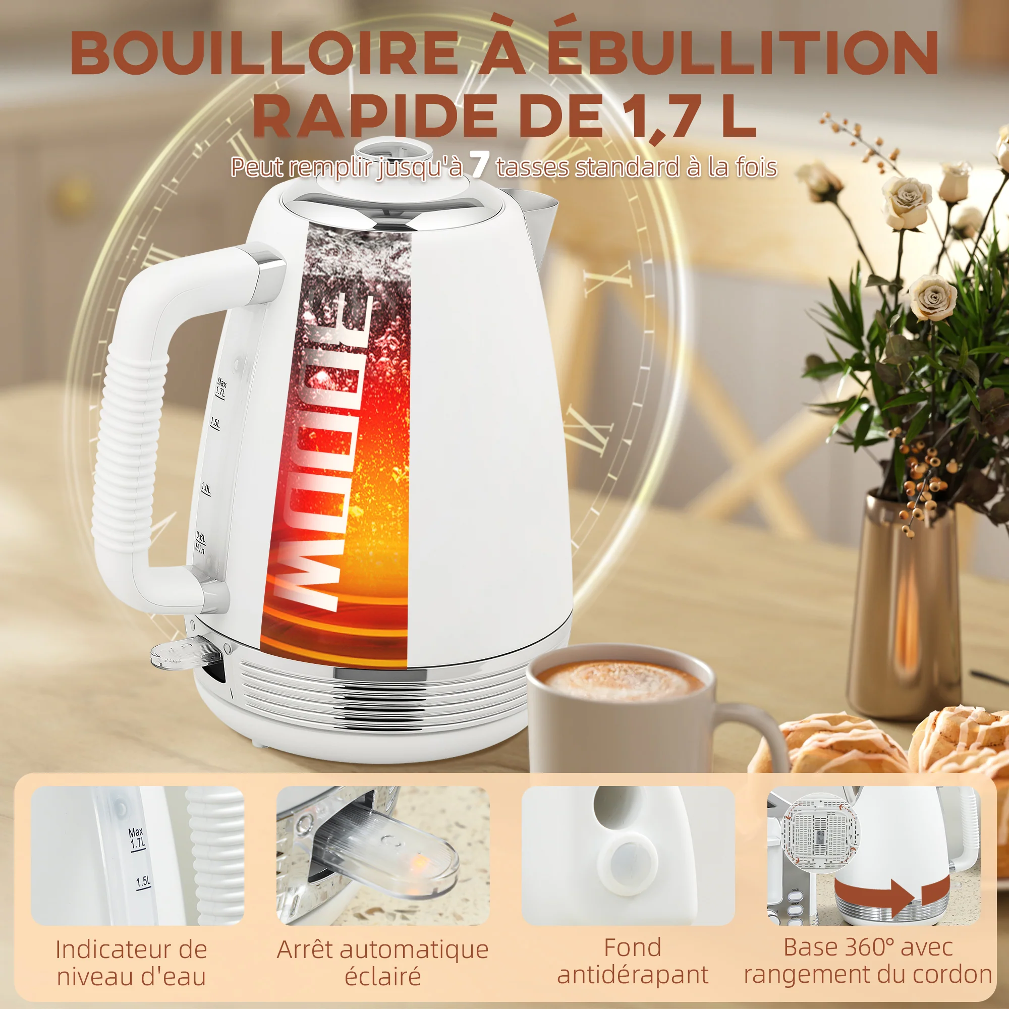 Ensemble bouilloire et grille-pain en inox 2200 W et 1,7 L, grille-pain 4 tranches, 7 niveaux de brunissage, chauffage rapide, thermostat Strix, filtre anticalcaire et plateau à miettes, blanc - Image 5