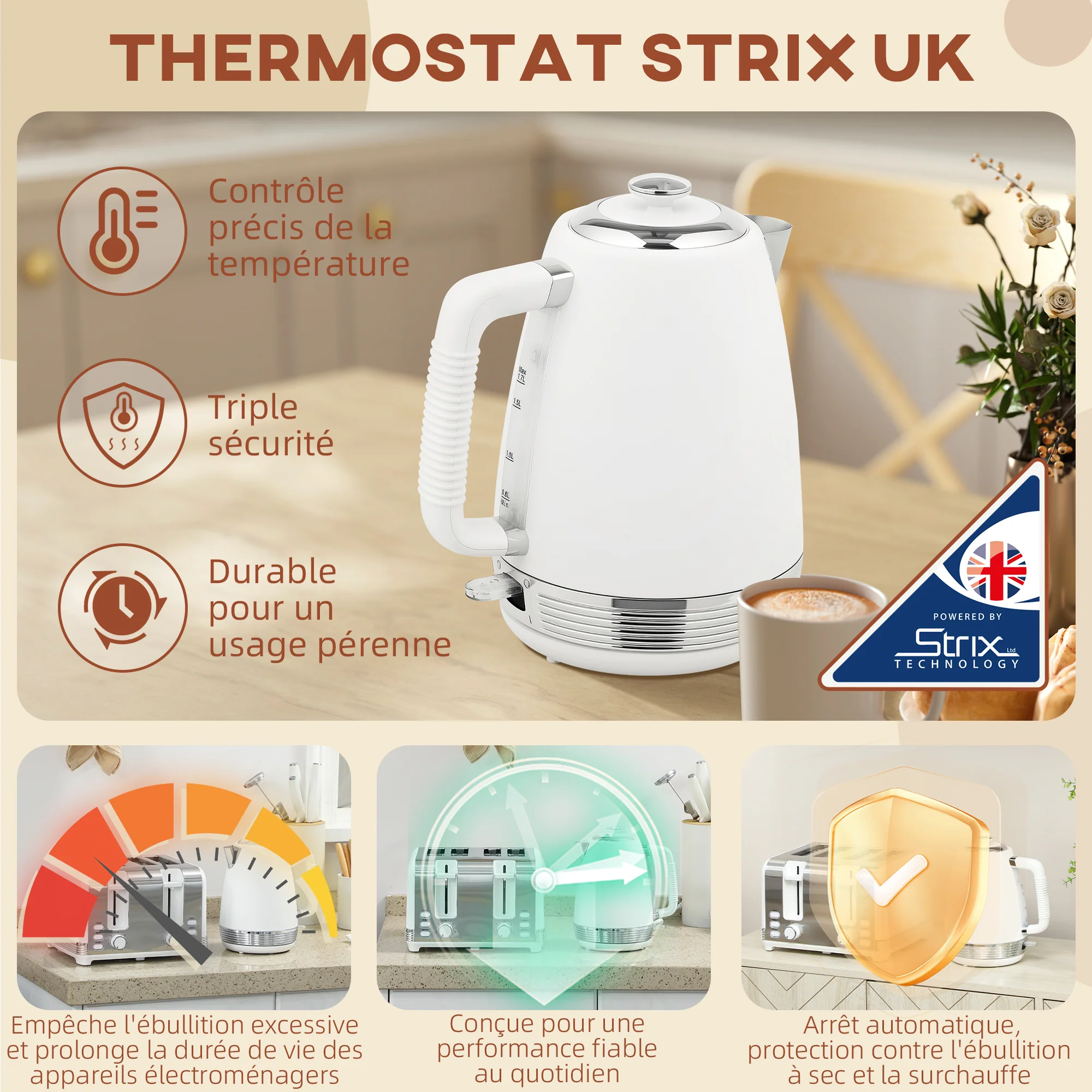 Ensemble bouilloire et grille-pain en inox 2200 W et 1,7 L, grille-pain 4 tranches, 7 niveaux de brunissage, chauffage rapide, thermostat Strix, filtre anticalcaire et plateau à miettes, blanc - Image 6