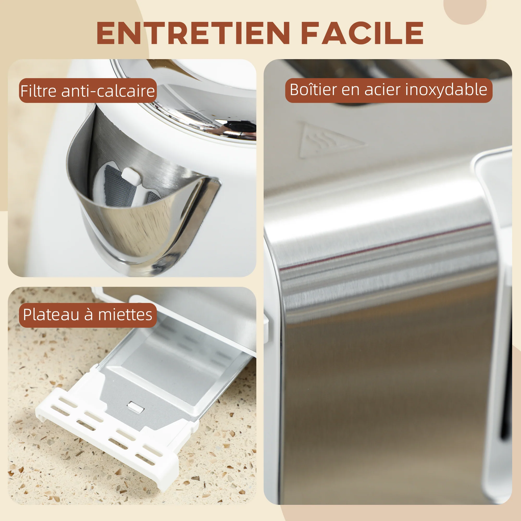 Ensemble bouilloire et grille-pain en inox 2200 W et 1,7 L, grille-pain 4 tranches, 7 niveaux de brunissage, chauffage rapide, thermostat Strix, filtre anticalcaire et plateau à miettes, blanc - Image 8