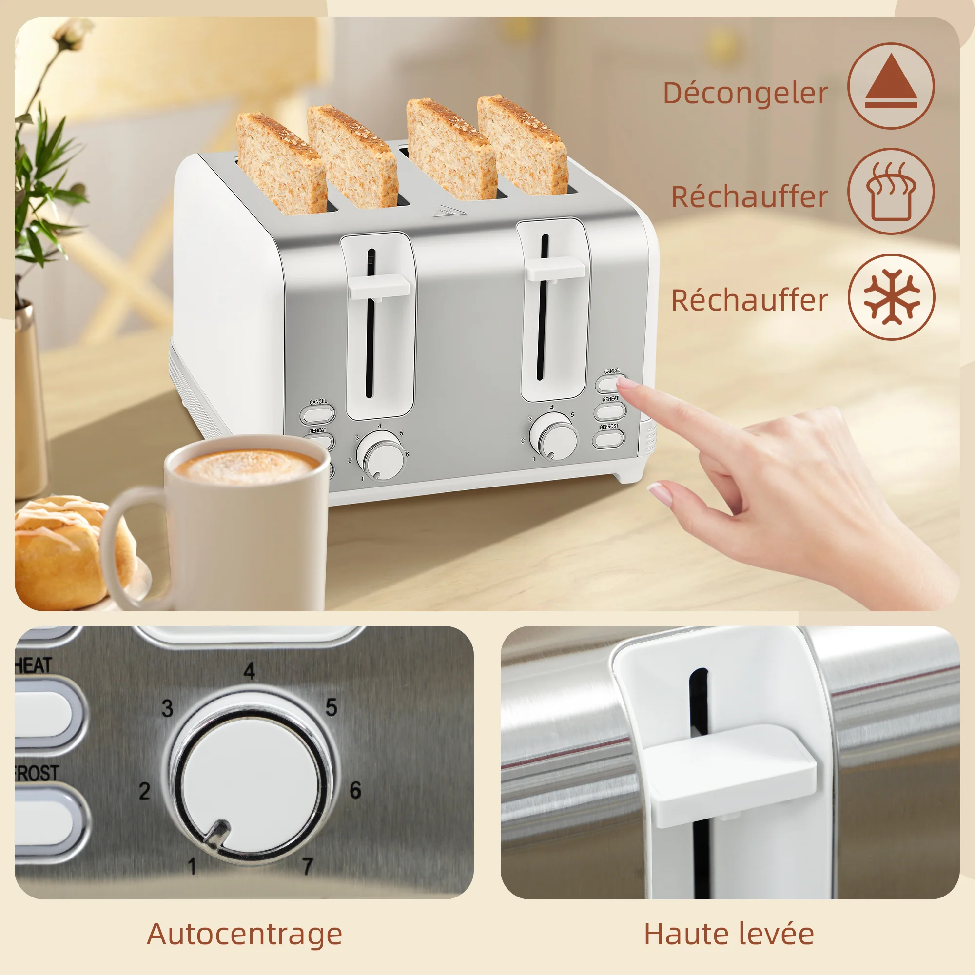 Ensemble bouilloire et grille-pain en inox 2200 W et 1,7 L, grille-pain 4 tranches, 7 niveaux de brunissage, chauffage rapide, thermostat Strix, filtre anticalcaire et plateau à miettes, blanc - Image 9