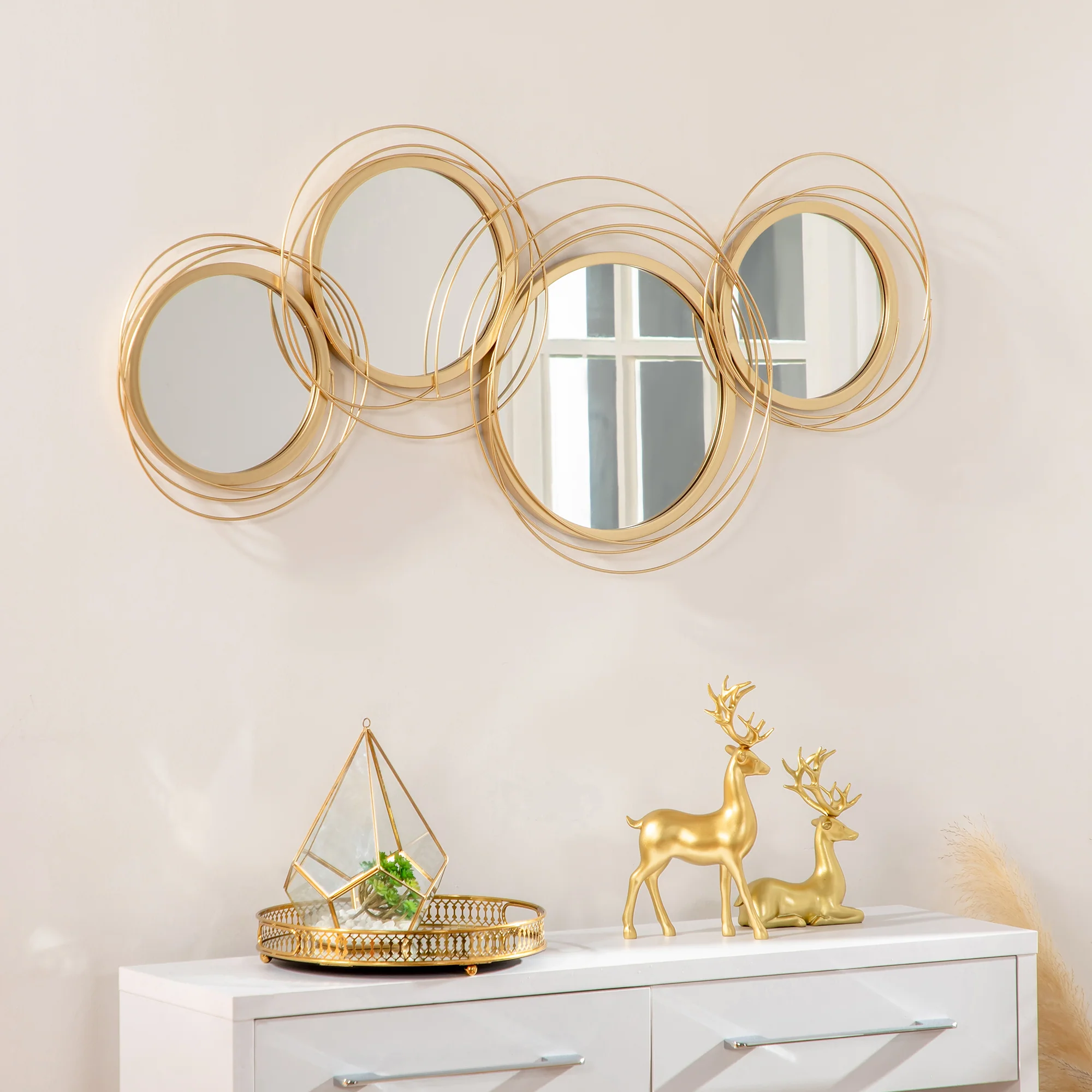 Ensemble de 4 miroirs ronds en métal dorés - 107 x 56 cm - Image 3