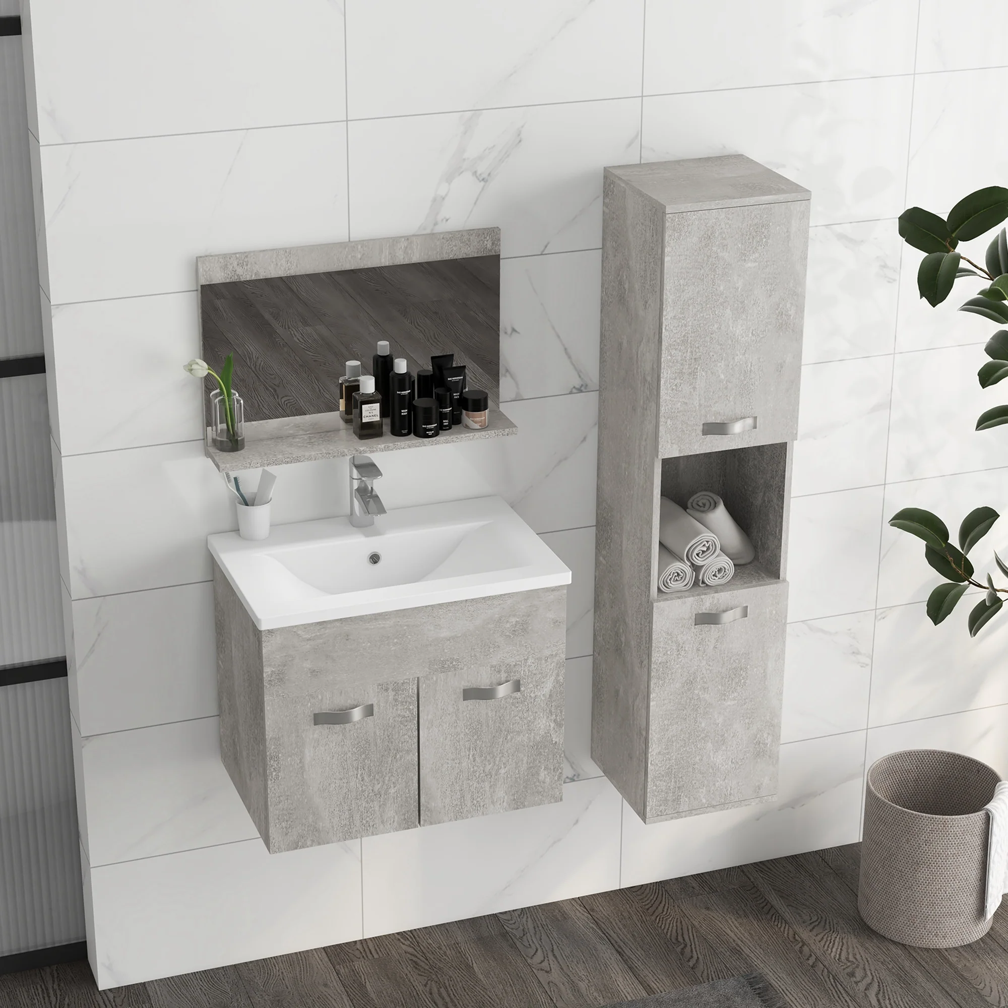 Ensemble de meubles de salle de bain 3 pièces meubles de toilette avec miroir étagère + meuble vasque + meuble colonne suspendus, gris - Image 10
