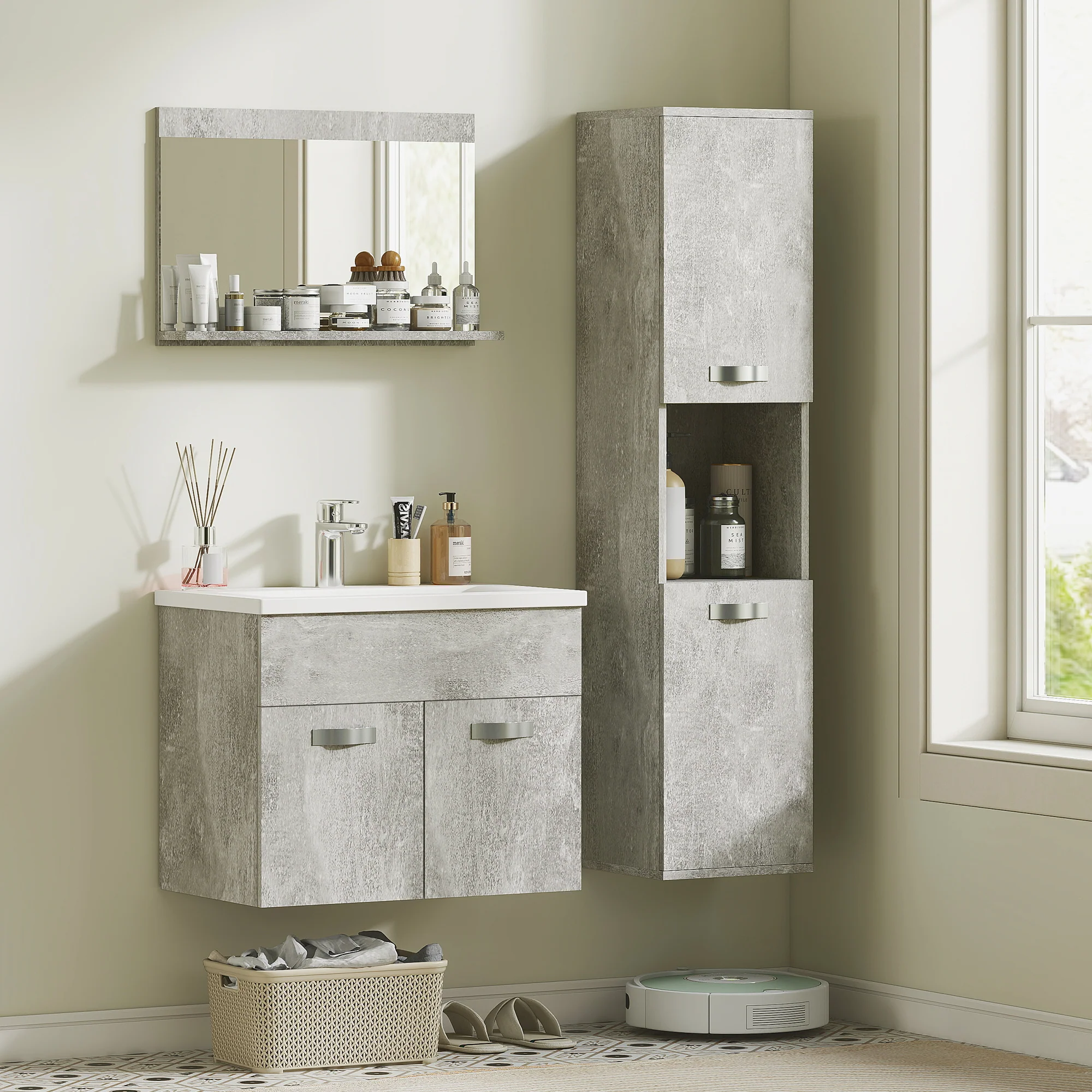 Ensemble de meubles de salle de bain 3 pièces meubles de toilette avec miroir étagère + meuble vasque + meuble colonne suspendus, gris - Image 3