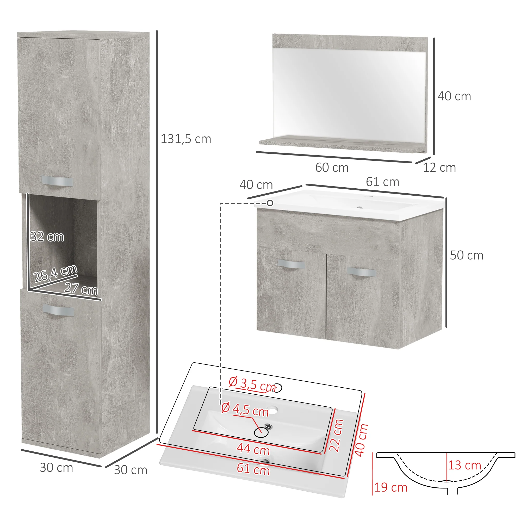 Ensemble de meubles de salle de bain 3 pièces meubles de toilette avec miroir étagère + meuble vasque + meuble colonne suspendus, gris - Image 4