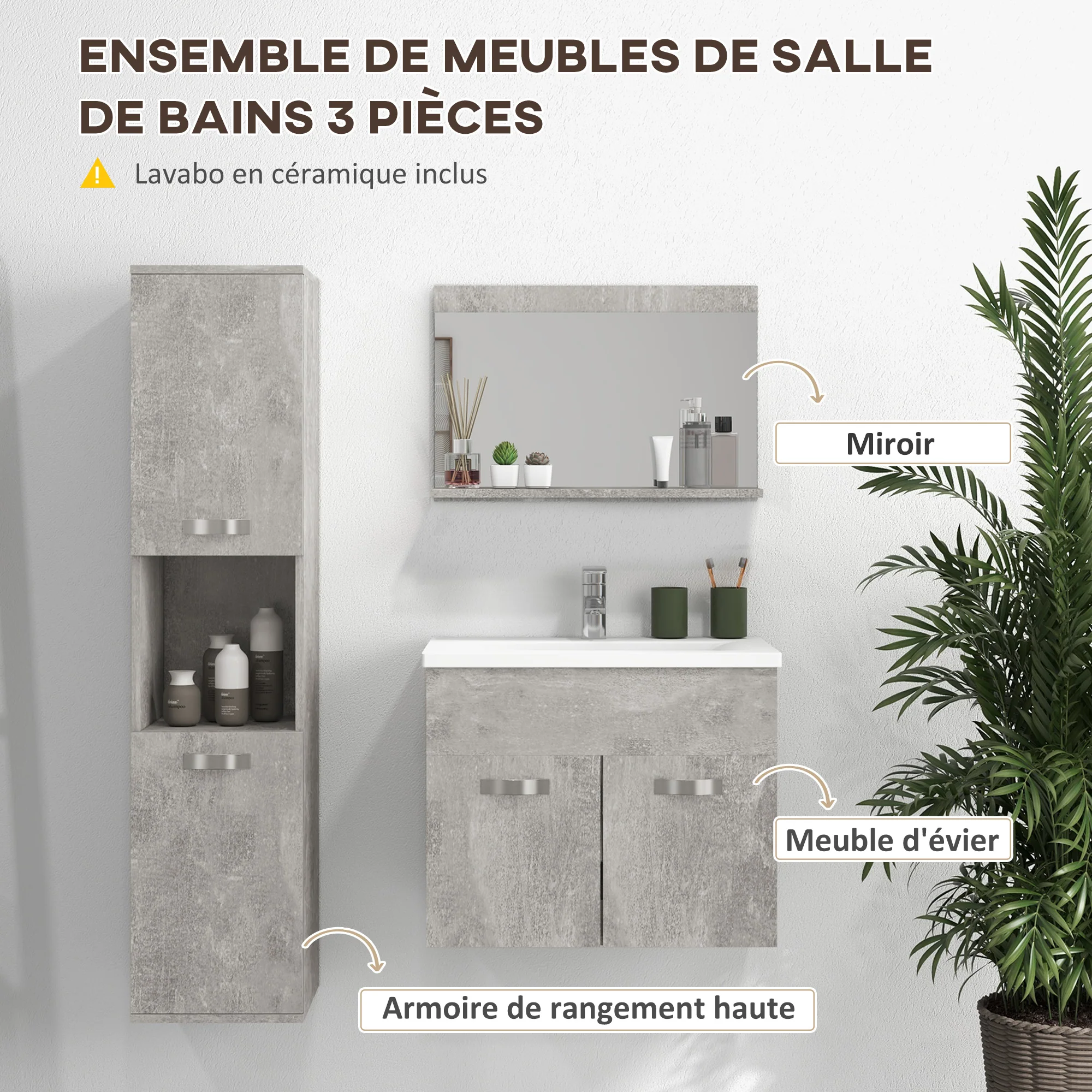 Ensemble de meubles de salle de bain 3 pièces meubles de toilette avec miroir étagère + meuble vasque + meuble colonne suspendus, gris - Image 5