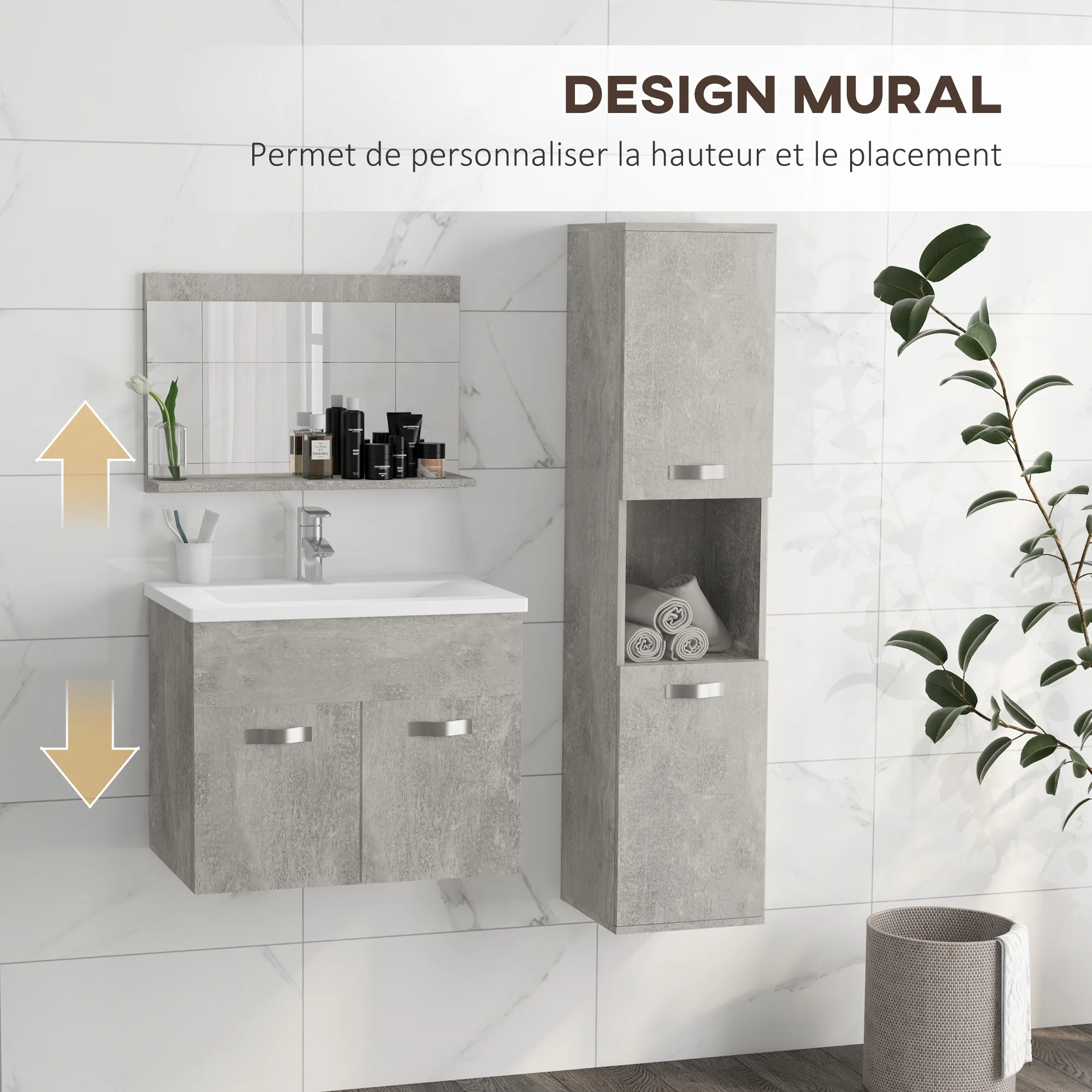 Ensemble de meubles de salle de bain 3 pièces meubles de toilette avec miroir étagère + meuble vasque + meuble colonne suspendus, gris - Image 6