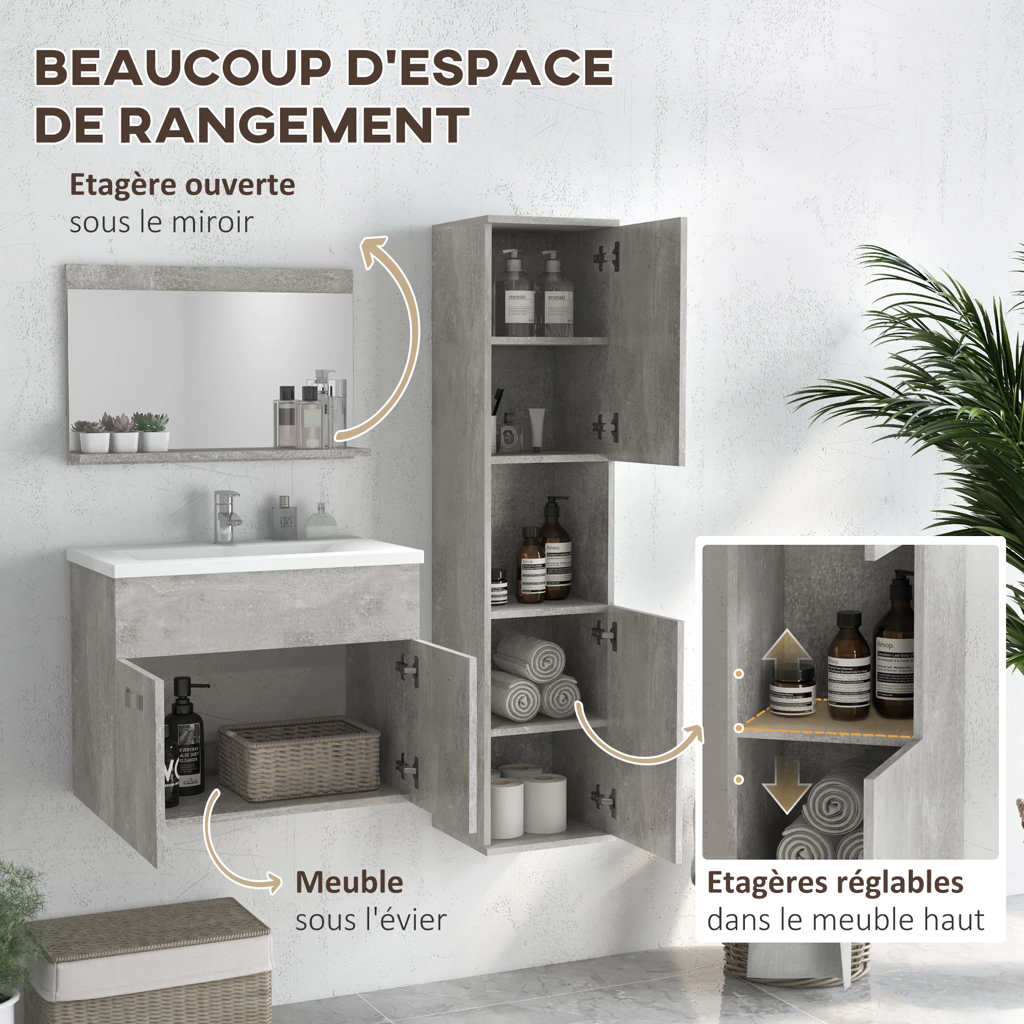 Ensemble de meubles de salle de bain 3 pièces meubles de toilette avec miroir étagère + meuble vasque + meuble colonne suspendus, gris - Image 7