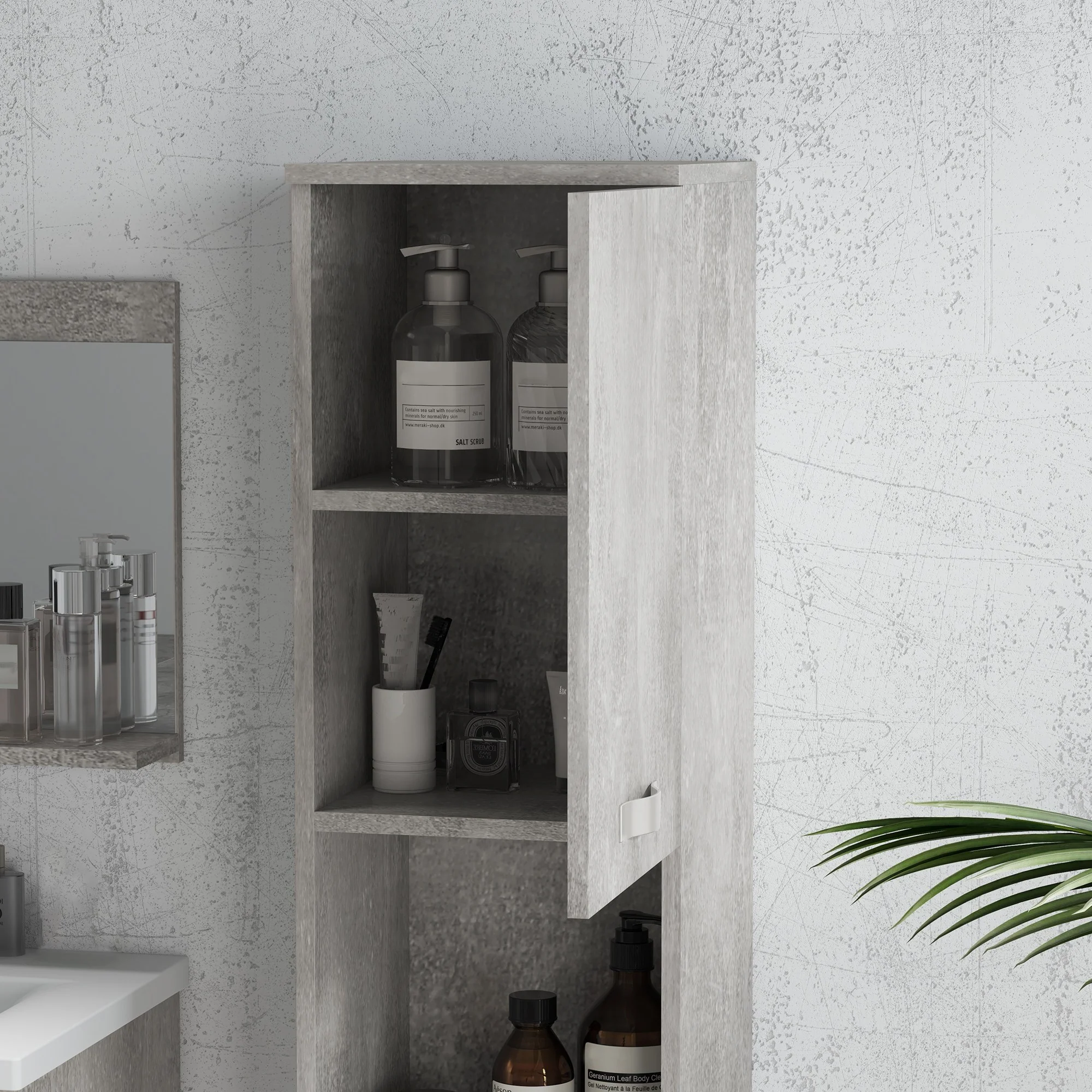Ensemble de meubles de salle de bain 3 pièces meubles de toilette avec miroir étagère + meuble vasque + meuble colonne suspendus, gris - Image 9