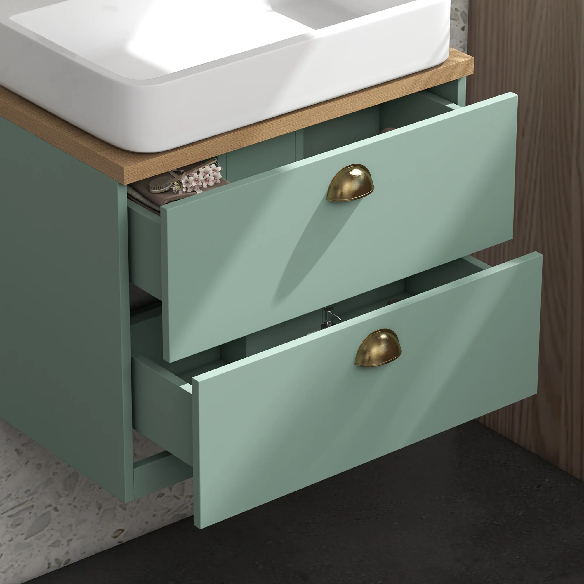 Ensemble de meubles de salle de bain armoire miroir salle de bain + meuble sous lavabo suspendu avec étagères réglables 2 tiroirs design scandinave vert - Image 10
