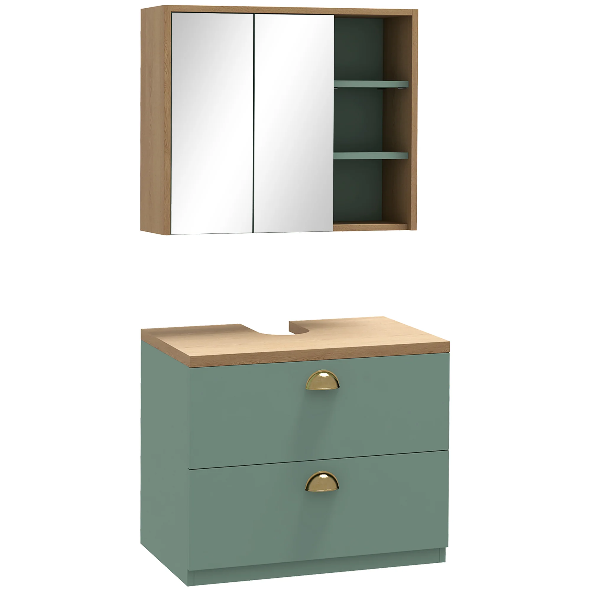 Ensemble de meubles de salle de bain armoire miroir salle de bain + meuble sous lavabo suspendu avec étagères réglables 2 tiroirs design scandinave vert - Image 11