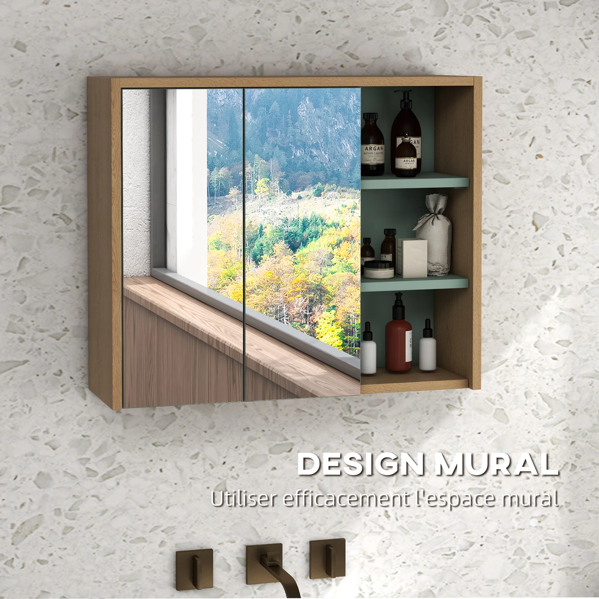 Ensemble de meubles de salle de bain armoire miroir salle de bain + meuble sous lavabo suspendu avec étagères réglables 2 tiroirs design scandinave vert - Image 6