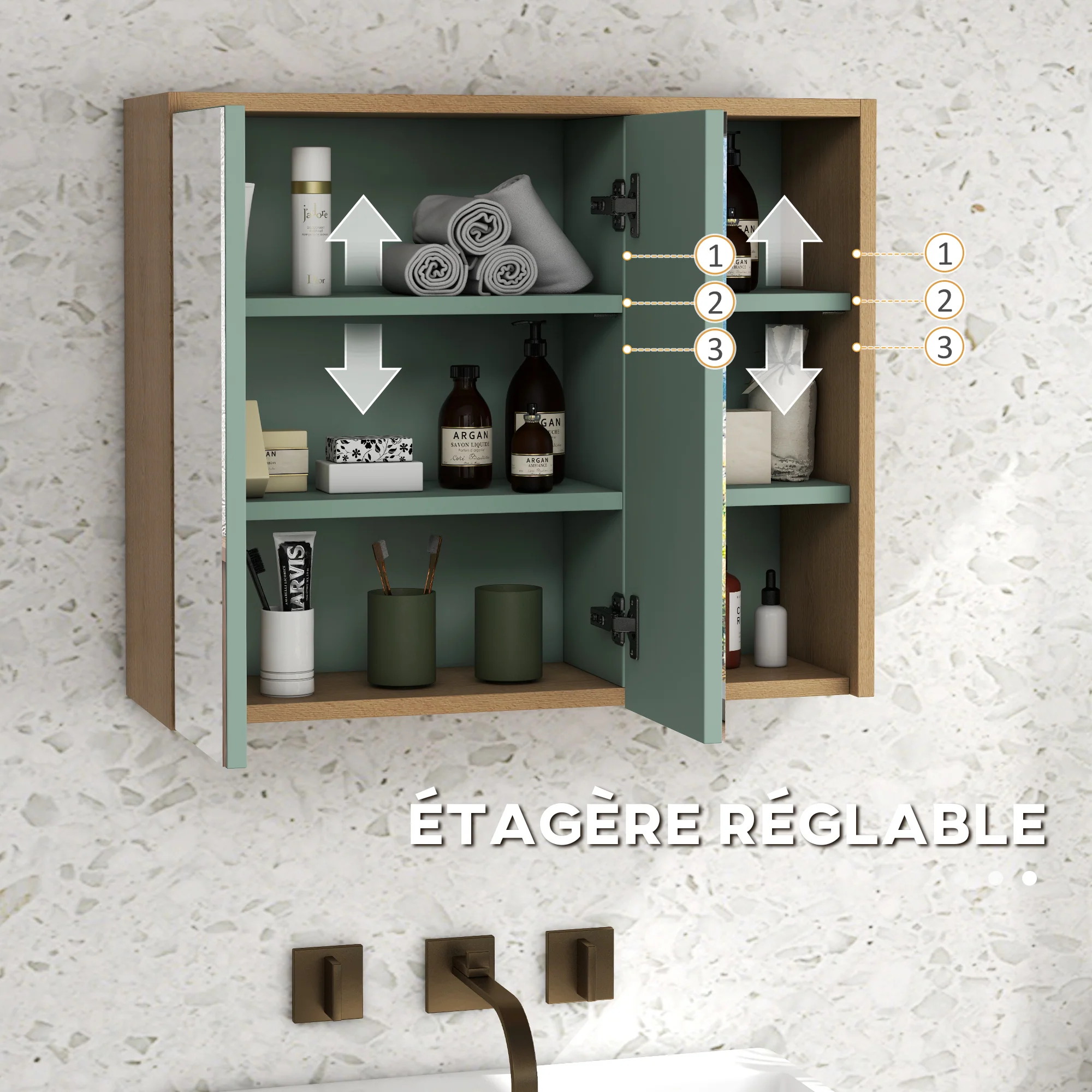 Ensemble de meubles de salle de bain armoire miroir salle de bain + meuble sous lavabo suspendu avec étagères réglables 2 tiroirs design scandinave vert - Image 8