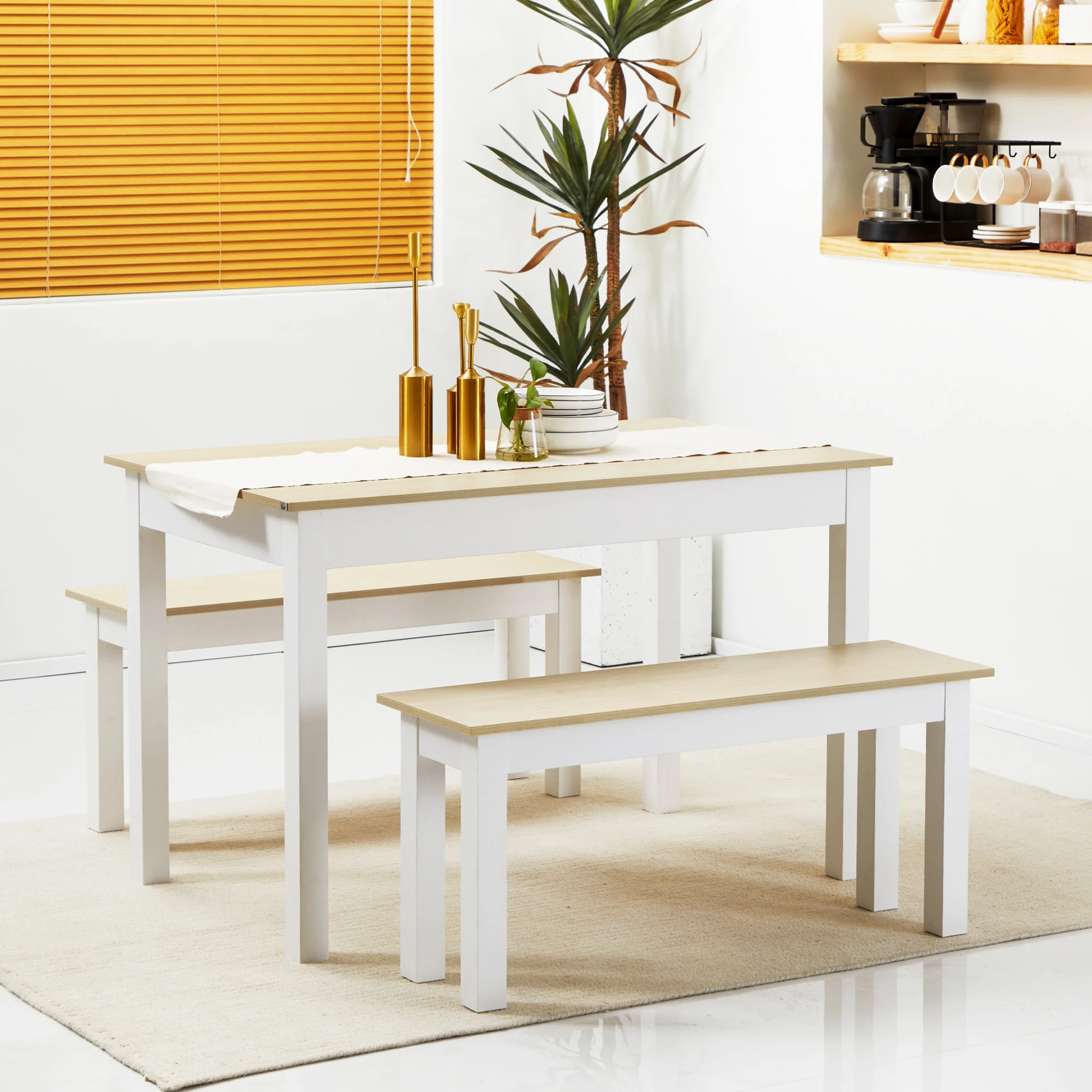 Ensemble table à manger 3 pièces avec 2 bancs encastrables pour 4-6 personnes style contemporain - cuisine salle à manger salon - panneaux de particules - Image 3