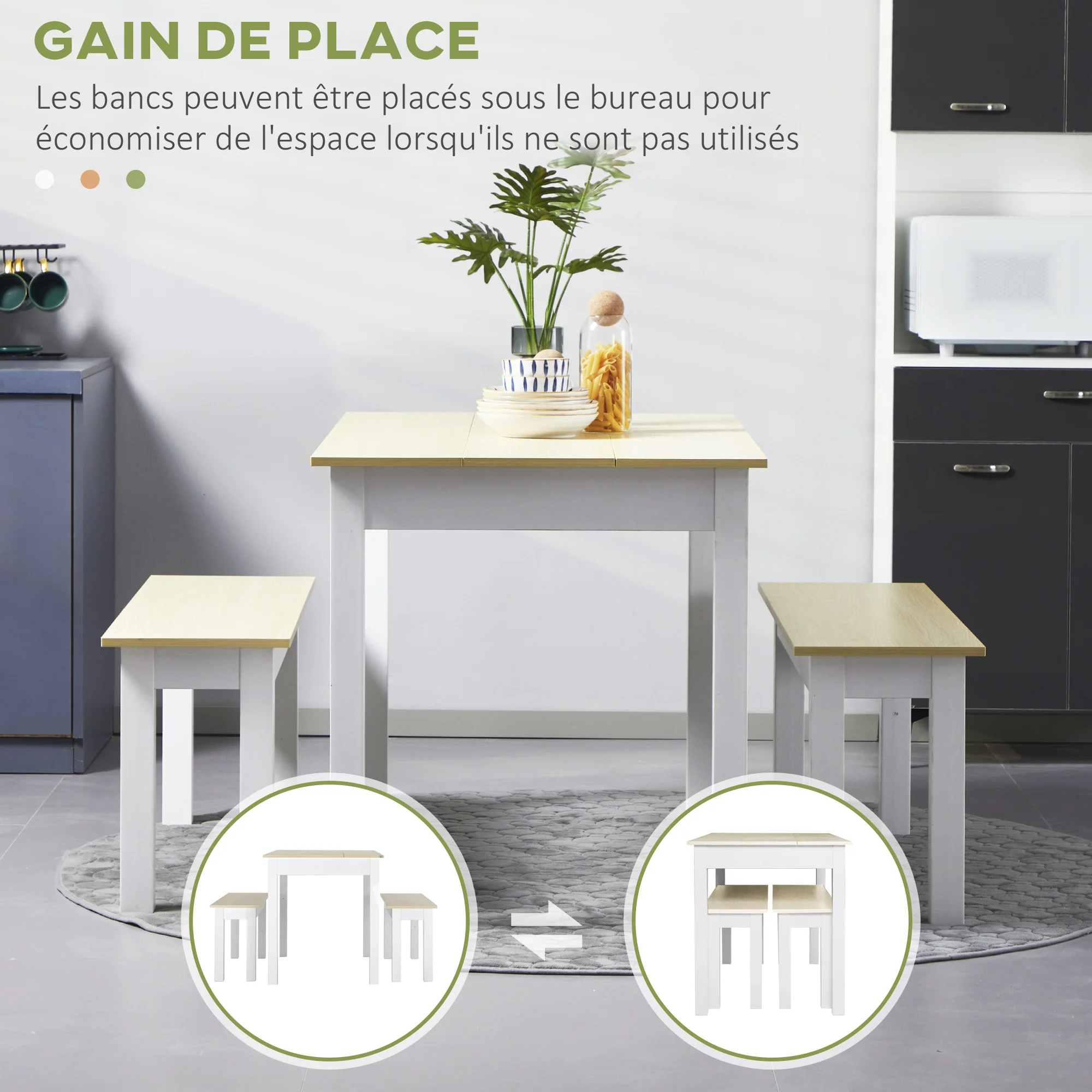 Ensemble table à manger 3 pièces avec 2 bancs encastrables pour 4-6 personnes style contemporain - cuisine salle à manger salon - panneaux de particules - Image 6