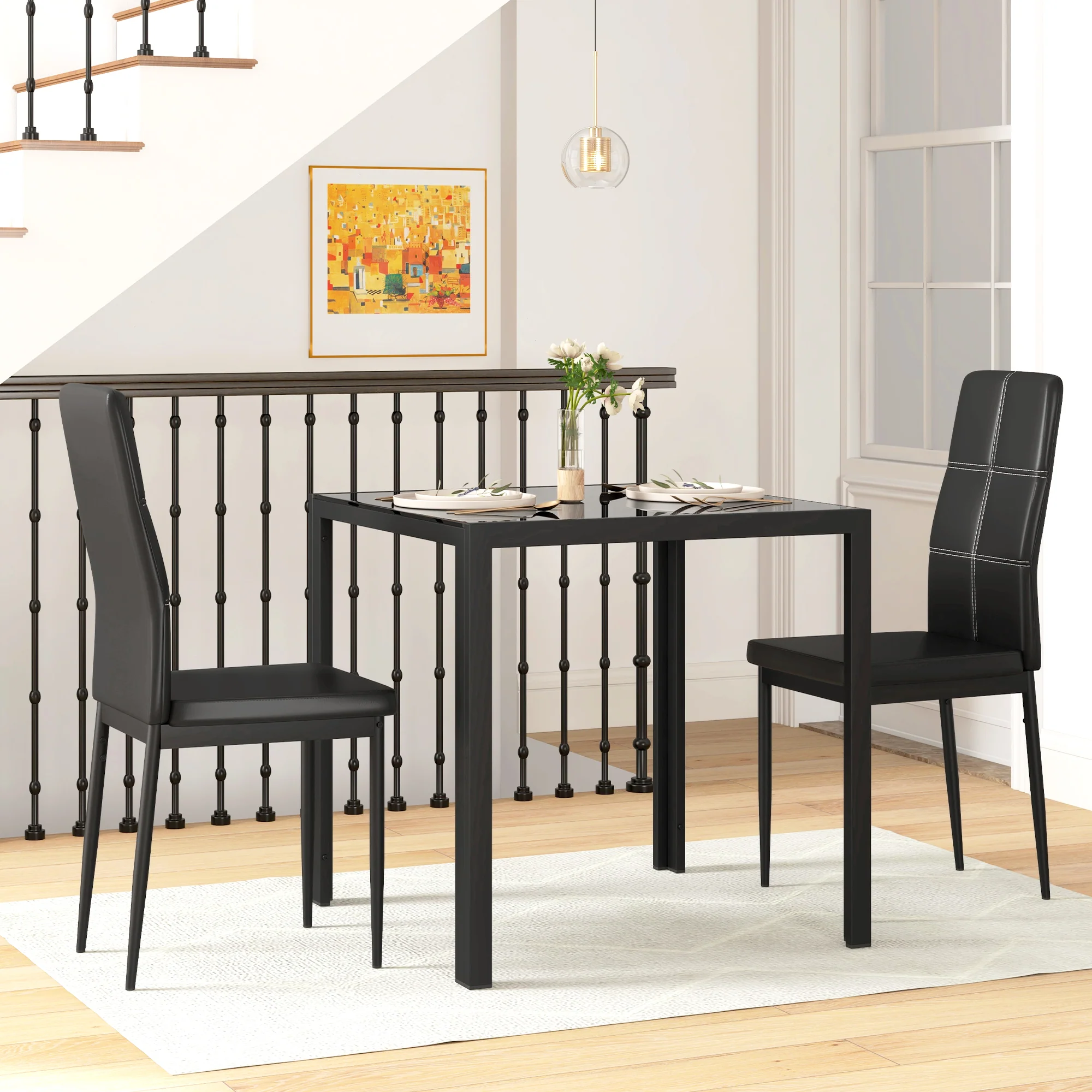Ensemble table à manger et chaises pour 2 personnes, table de cuisine avec chaises, plateau rectangulaire en verre, structure en métal, pour cuisine salon maison, noir - Image 3