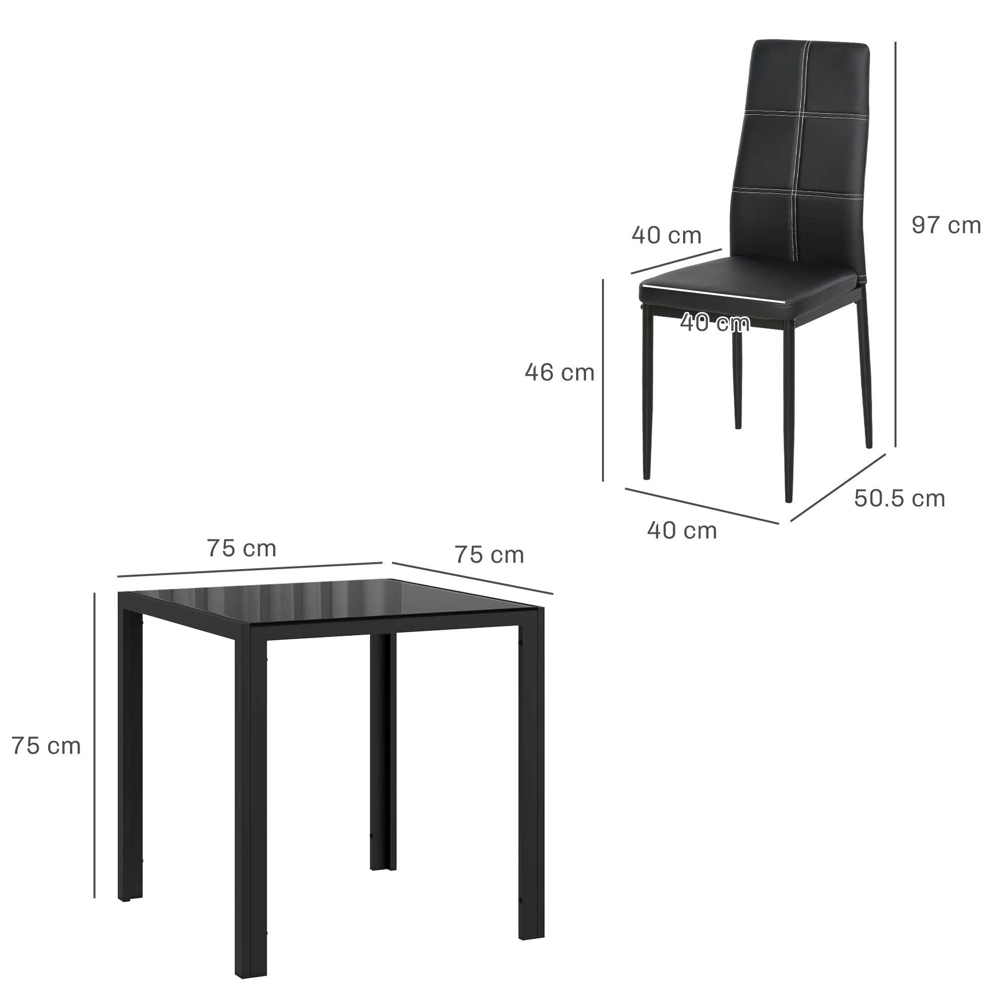 Ensemble table à manger et chaises pour 2 personnes, table de cuisine avec chaises, plateau rectangulaire en verre, structure en métal, pour cuisine salon maison, noir - Image 4
