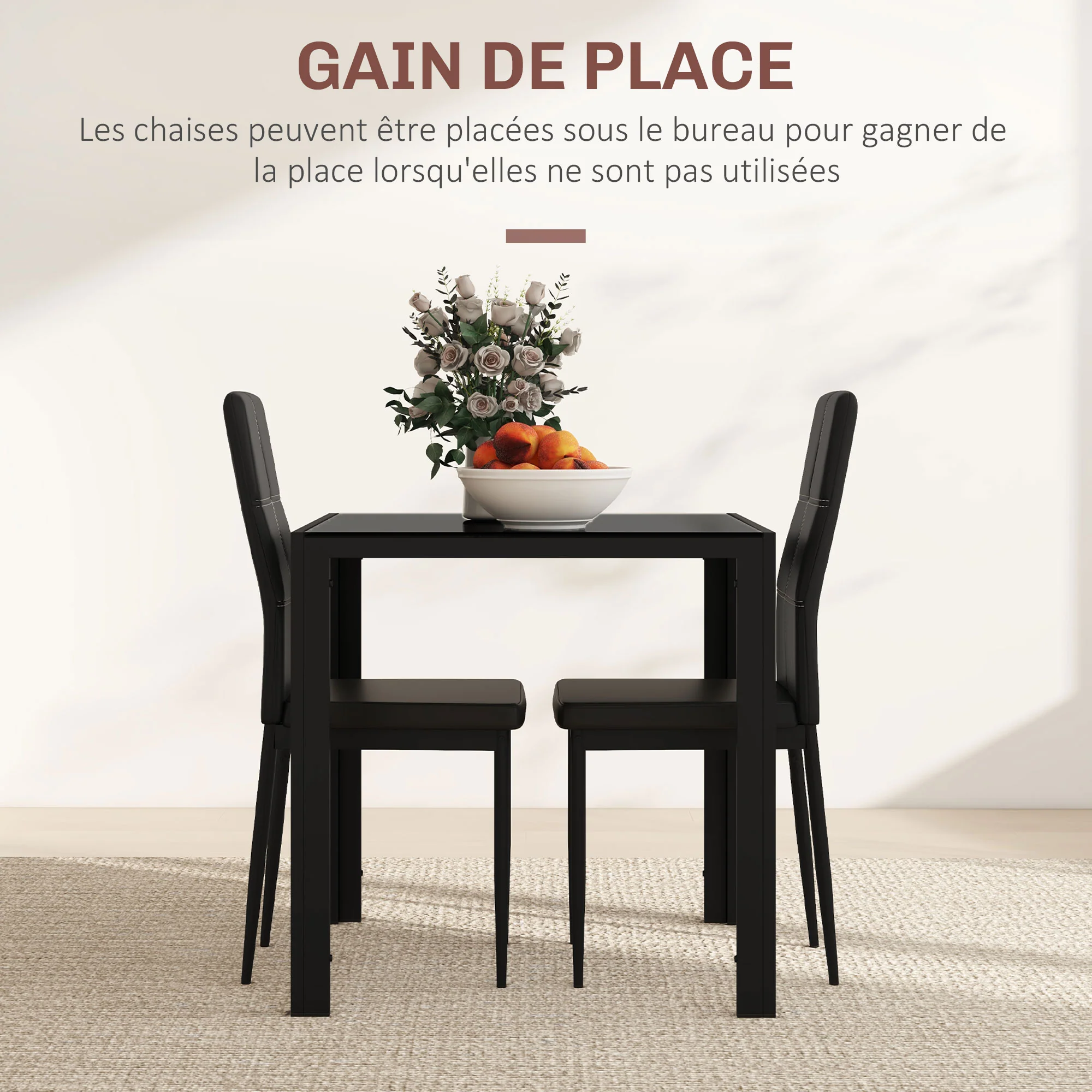 Ensemble table à manger et chaises pour 2 personnes, table de cuisine avec chaises, plateau rectangulaire en verre, structure en métal, pour cuisine salon maison, noir - Image 5