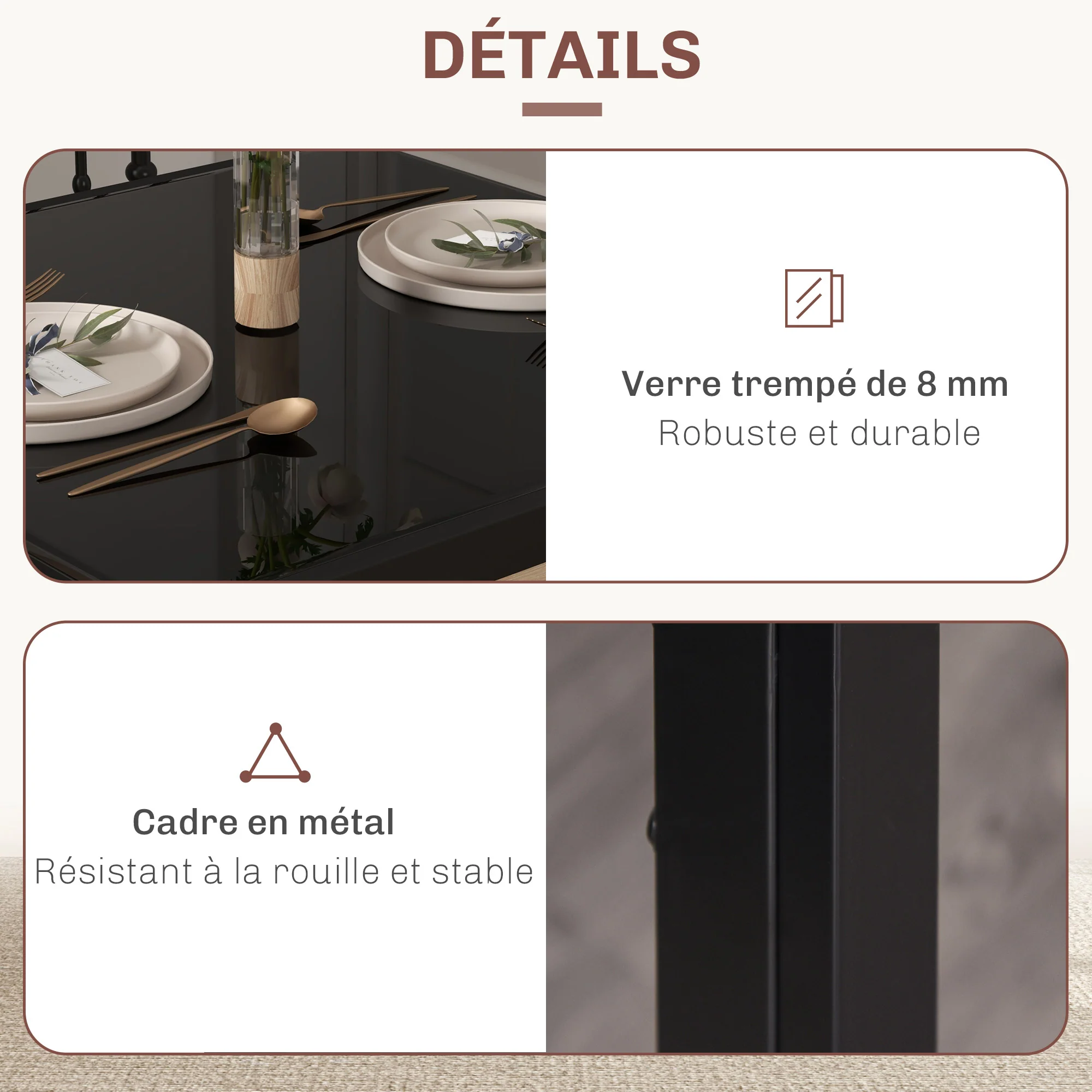 Ensemble table à manger et chaises pour 2 personnes, table de cuisine avec chaises, plateau rectangulaire en verre, structure en métal, pour cuisine salon maison, noir - Image 7
