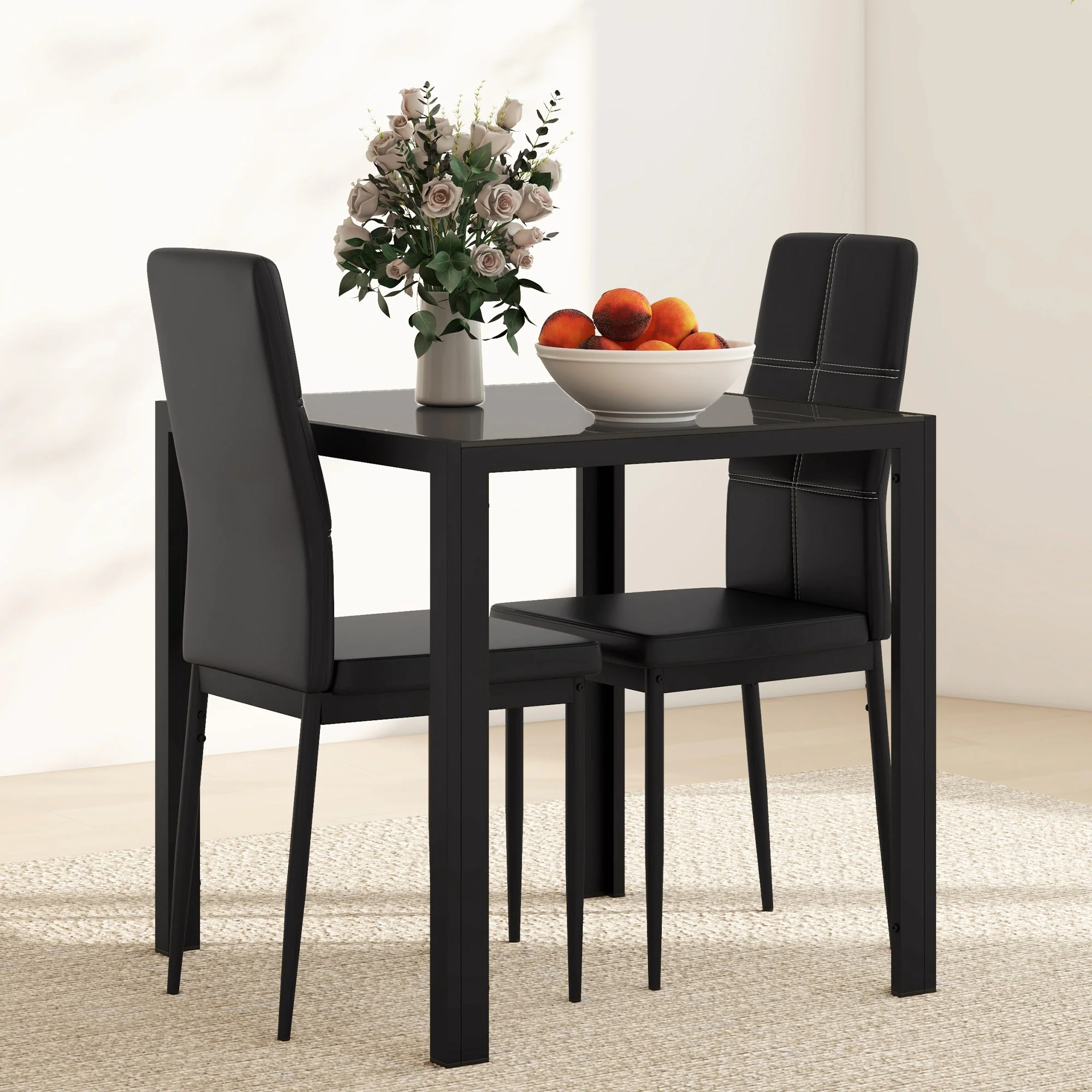 Ensemble table à manger et chaises pour 2 personnes, table de cuisine avec chaises, plateau rectangulaire en verre, structure en métal, pour cuisine salon maison, noir - Image 8